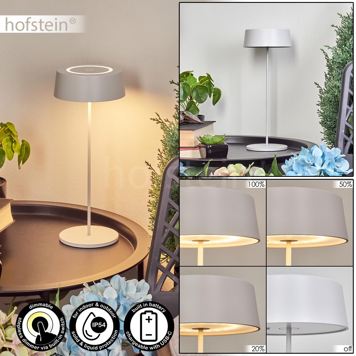 Настільна лампа Kouvi LED Outdoor димована металева USB-C акумулятор сенсорний димер IP54 біла, фото №2