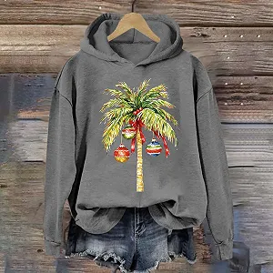 Рождественский джемпер tsaChick Женский повседневный рождественский свитшот с кокосовой пальмой, принтом, круглым вырезом и свободным капюшоном, вязаный джемпер, женский джемпер, рождественский свитер synthetic.ua - Фото 1