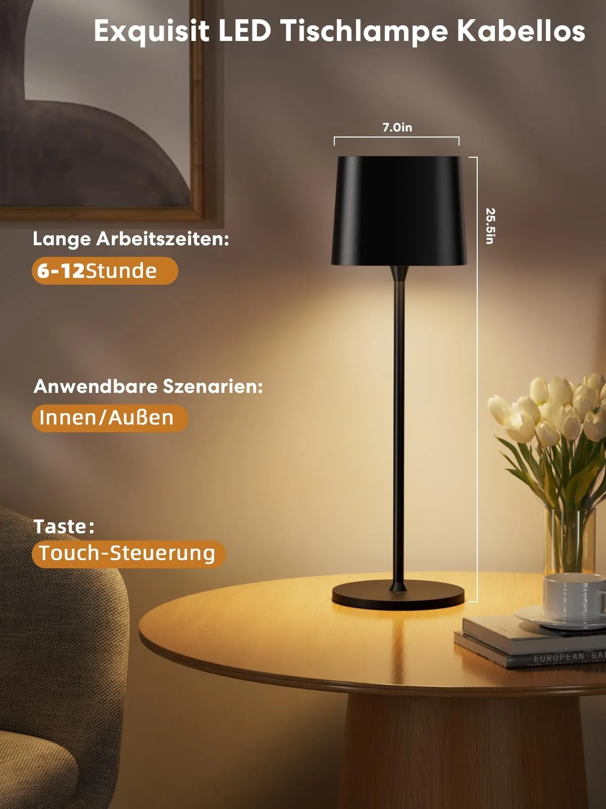 Настільна лампа Wireless Rechargeable 3 кольори (3000-6000 К) LED димована IP54 алюмінієва Чорна, фото №5