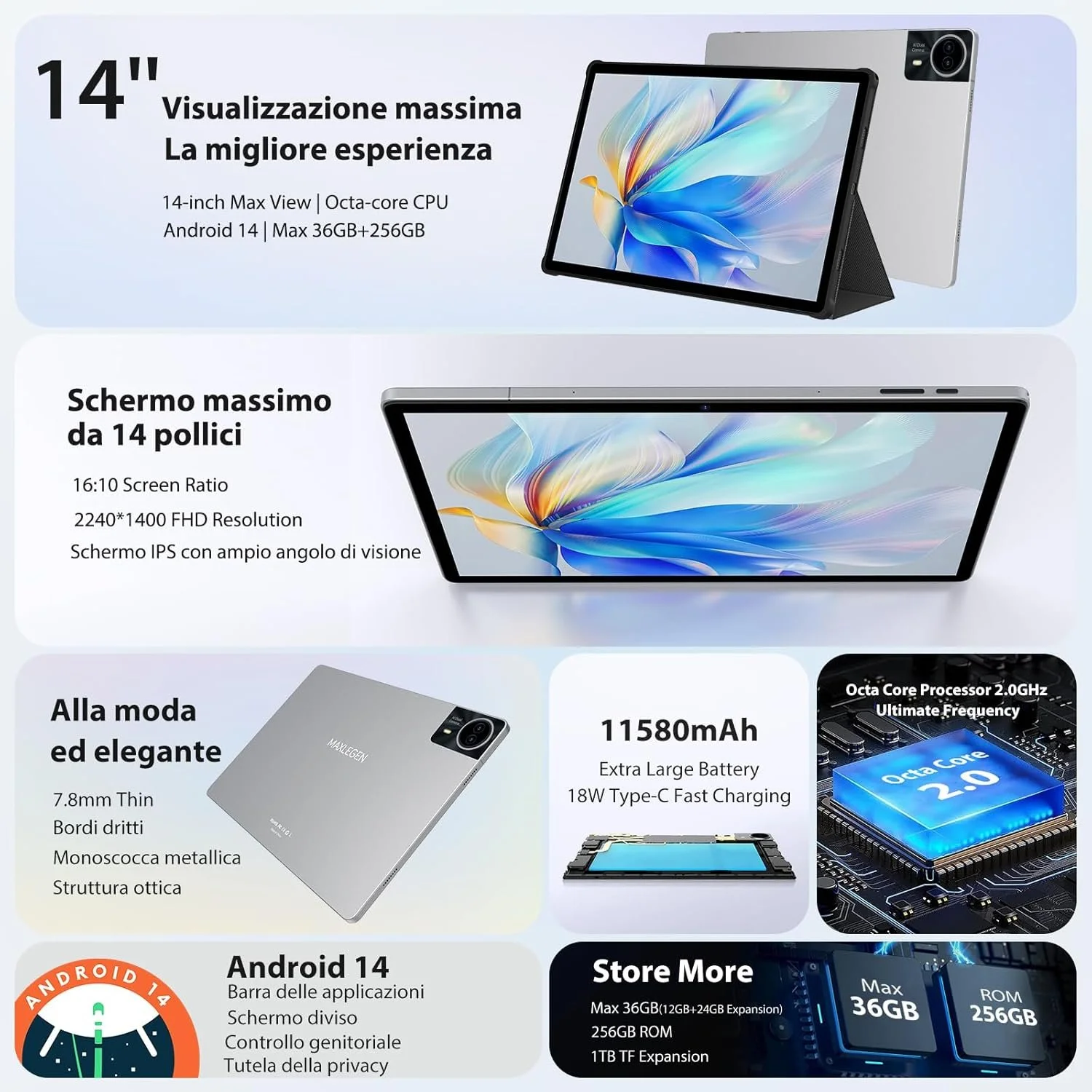 Планшет 14" 2.5K MAXLEGEN M621 12+24/256Gb 4G2-SIM 8 ядер Android 14 11580 mAh Серый, фото №2