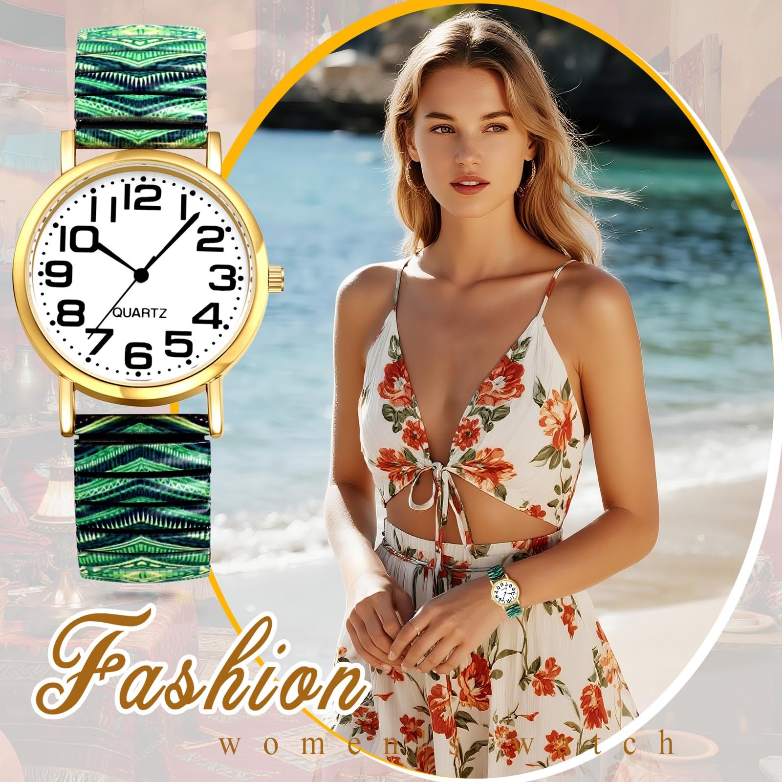 Женские часы OIDEA Boho Эластичные: Зеленый ремешок из нержавеющей стали с большим арабским циферблатом Кварцевые часы в стиле бохо-хиппи для женщин Матери Семей, фото №6 Женские часы OIDEA Boho Эластичные: Зеленый ремешок из нержавеющей стали с большим арабским циферблатом Кварцевые часы в стиле бохо-хиппи для женщин Матери Семей, фото №6