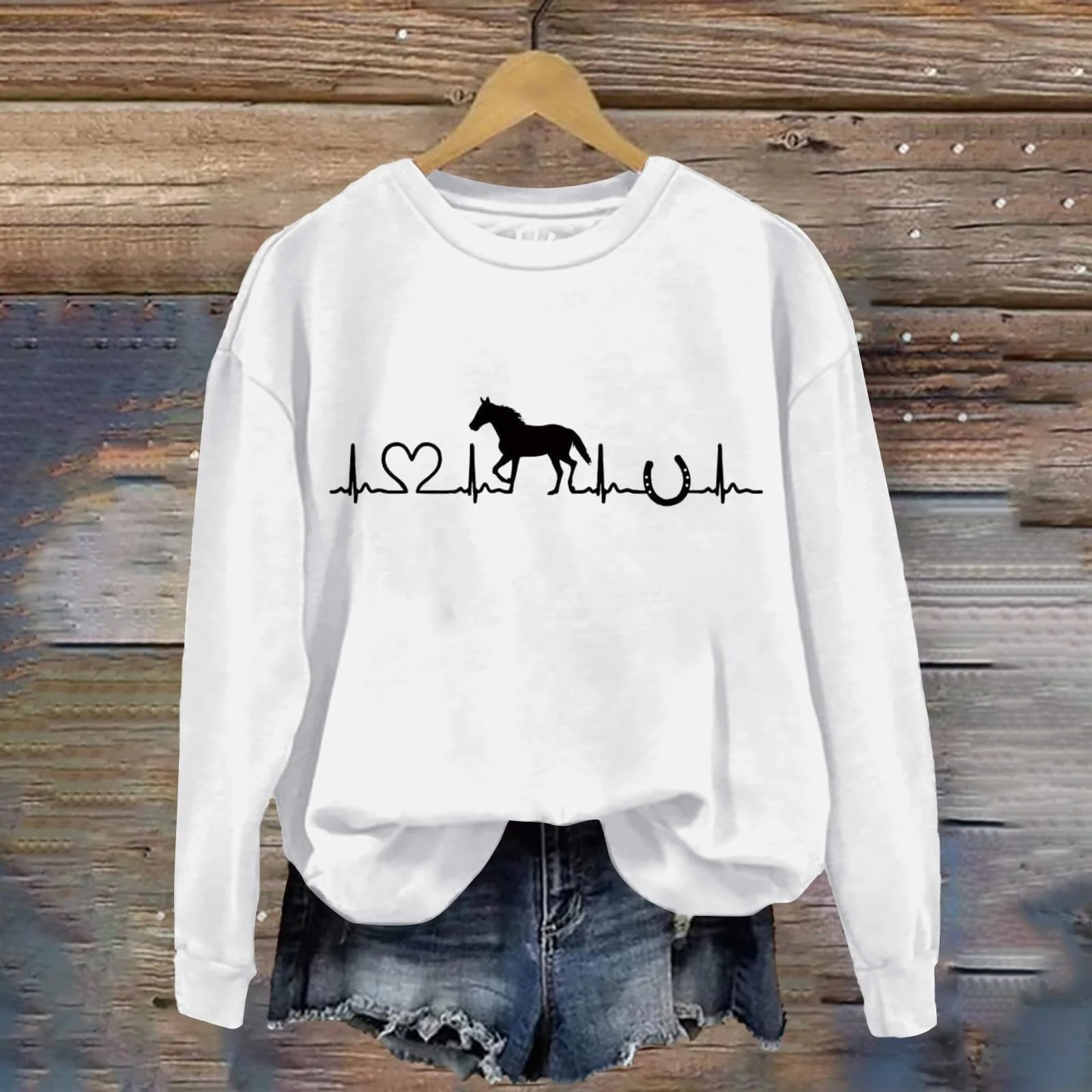 Женский свитер на День святого Валентина, свитшот для любителей лошадей, милый рисунок сердцебиения, рубашка с длинными рукавами и круглым вырезом, пуловер, подарки для любителей лошадей, фото №3