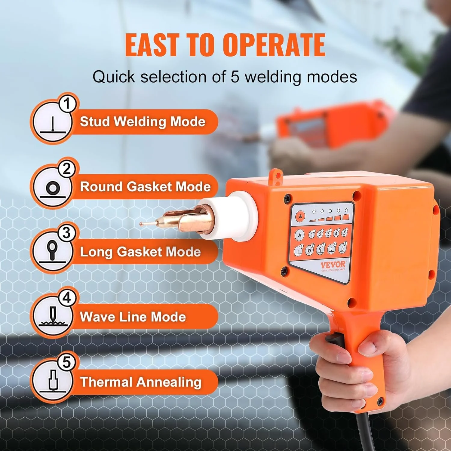 Комплект для видалення вм'ятин на кузові VEVOR Tire Nail Work / 800 Вт / 230V 50Hz / 5 режимів зварювання / Жовтий, фото №4 Комплект для видалення вм'ятин на кузові VEVOR Tire Nail Work / 800 Вт / 230V 50Hz / 5 режимів зварювання / Жовтий, фото №4