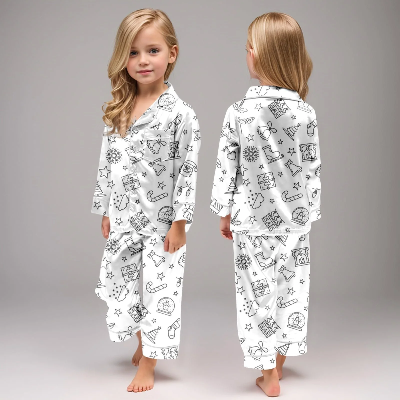 Дитяча піжама для розмальовування DIY, білий мультяшний принт, набір зимого домашнього одягу з двох частин, фото №2