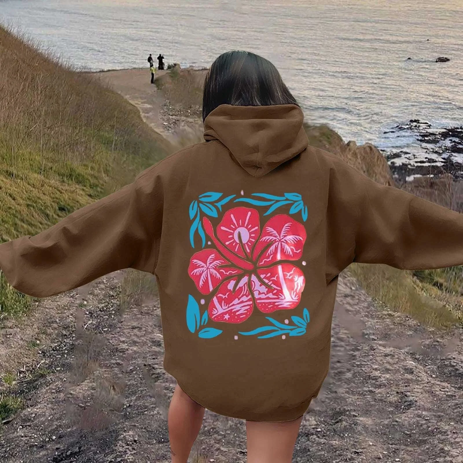 Женский Худи Однотонный/С принтом Свободный мягкий фасон Длинные худи-толстовки с капюшоном Большого размера Классические худи-пуловеры Свободный стиль, Праздничный, Вечеринка, Отпуск, фото №3