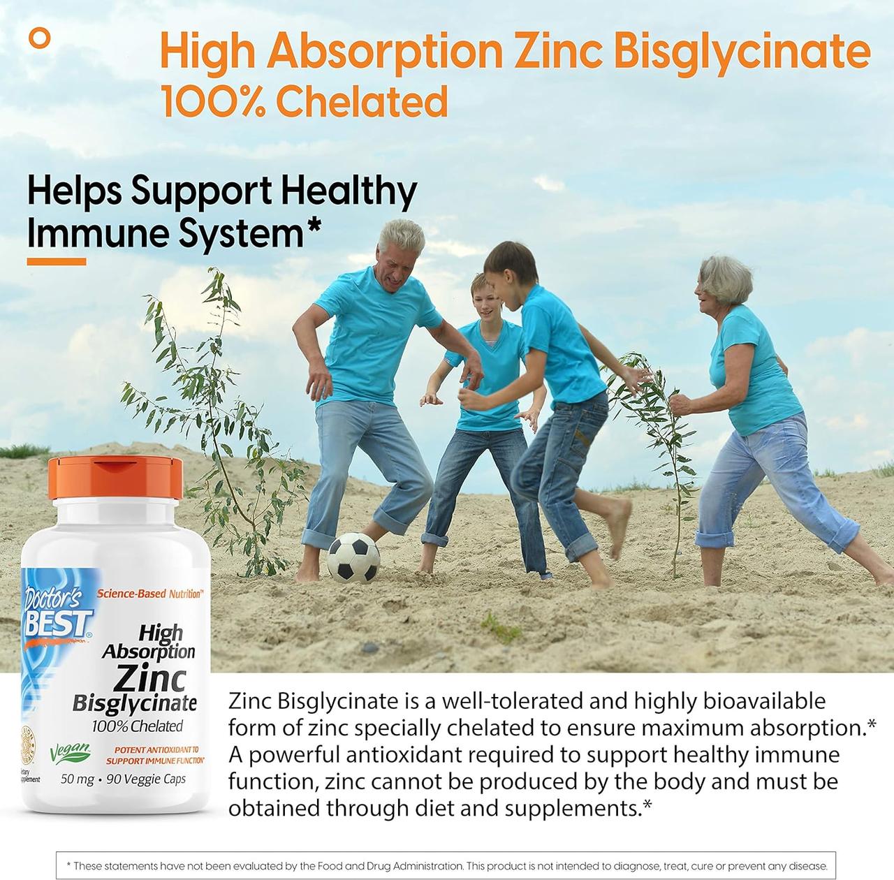 Бисглицинат цинка Doctor's Best High Absorption Zinc Bisglycinate 100 Chelated 50 mg 90 Veggie Caps, фото №3
