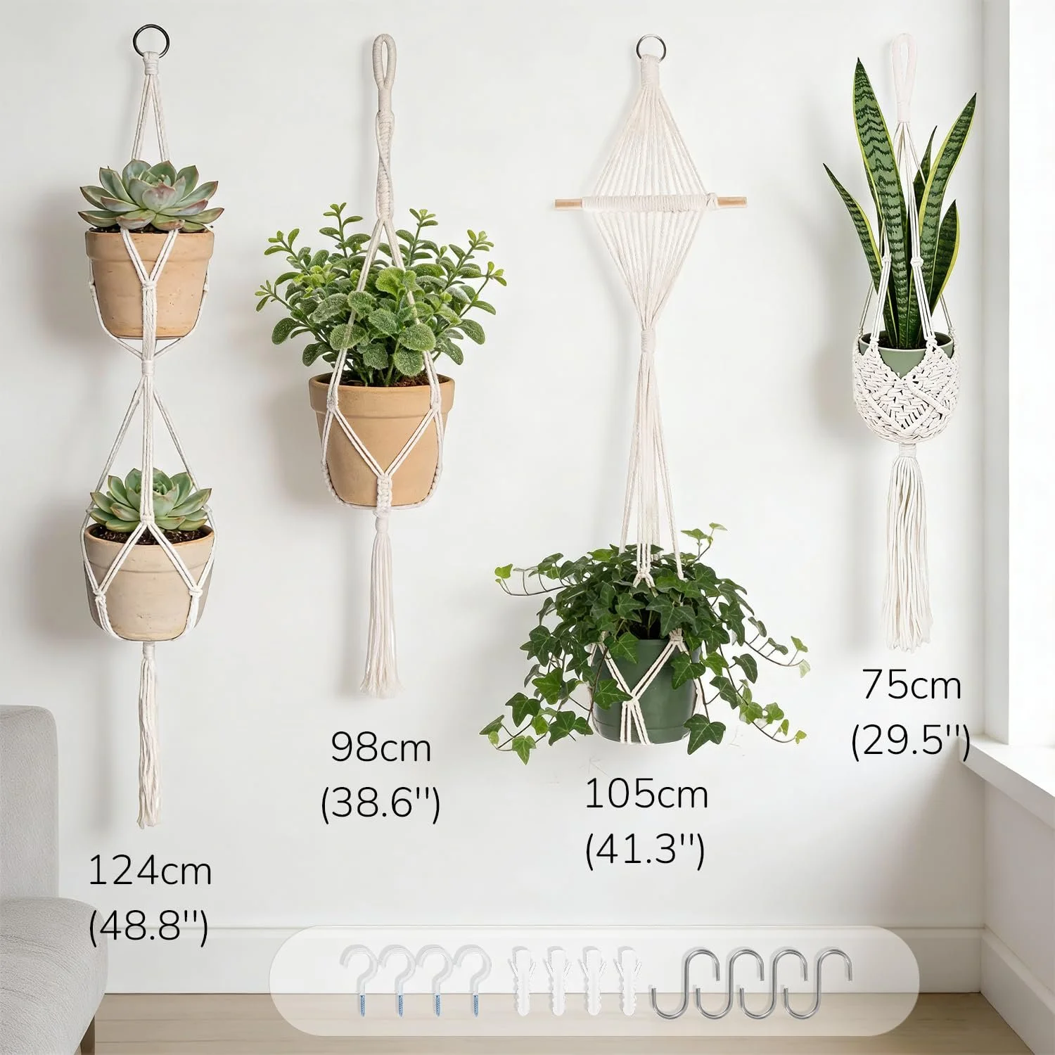 Підвісні кашпо макраме HUKUMA Набір 4 шт. бавовна з гачками та китицями, фото №2 Підвісні кашпо макраме HUKUMA Набір 4 шт. бавовна з гачками та китицями, фото №2