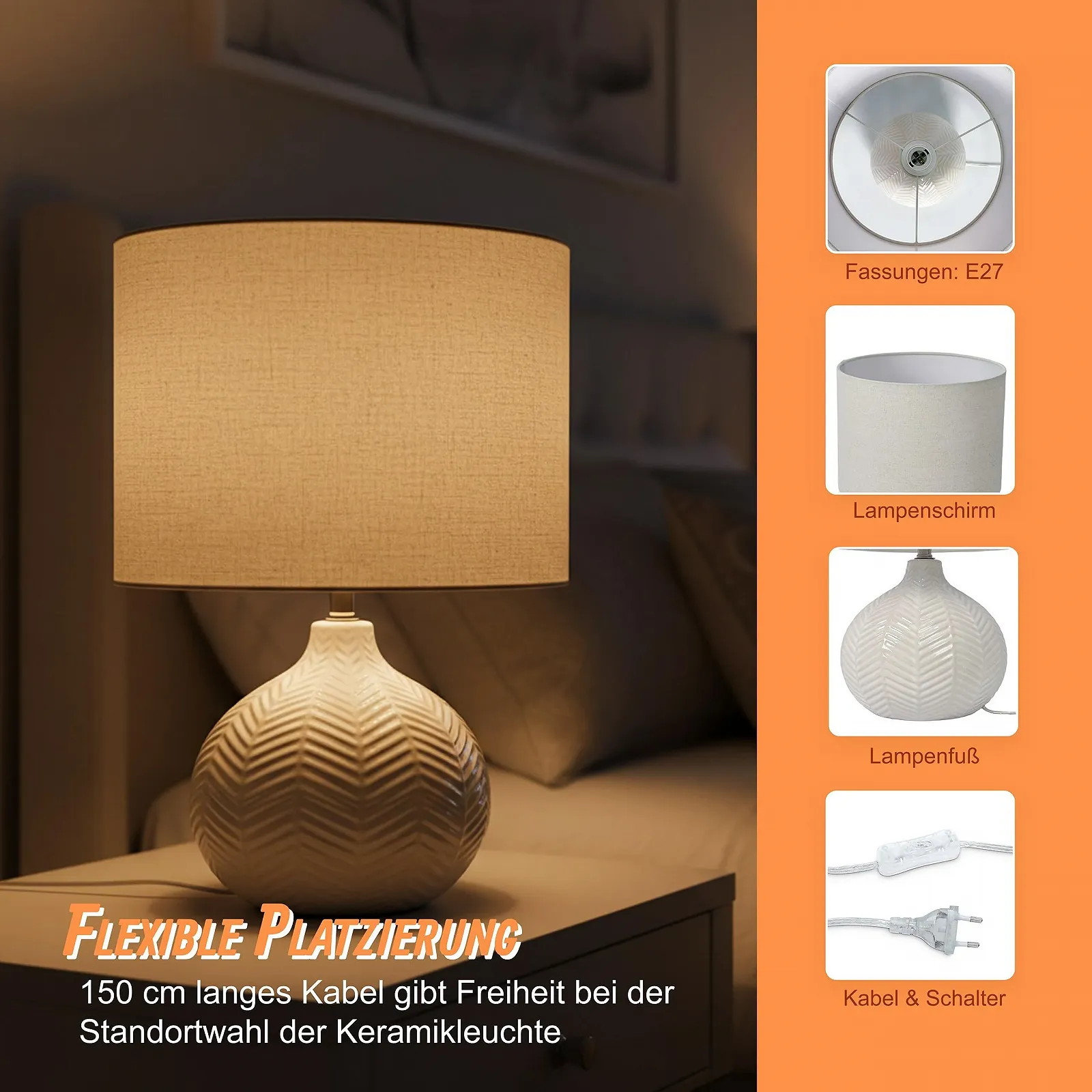 Настільна лампа Relaxdays з керамічною основою з візерунком «ялинка» та тканинним абажуром E27 42 x 30 см Білий, фото №5