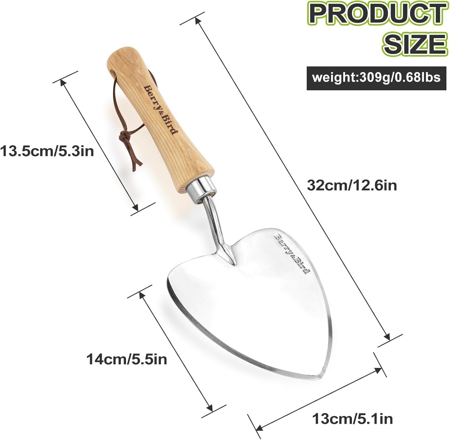 Лопата совковая Berry&Bird Садовий з гострим лезом, дерев'яною ручкою, нержавіючої сталі для посадки, копання, пересадки та обрізки, фото №3