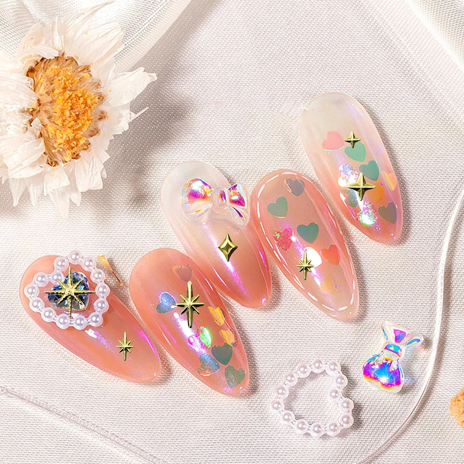 Набор украшений для ногтей 1970 шт., 3D украшения для ногтей, 3D блестящие наклейки для ногтей золотого цвета, разных форм и размеров, украшения для ногтей, DIY украшения для ногтей для женщин и девушек (Белый Розовый), фото №6