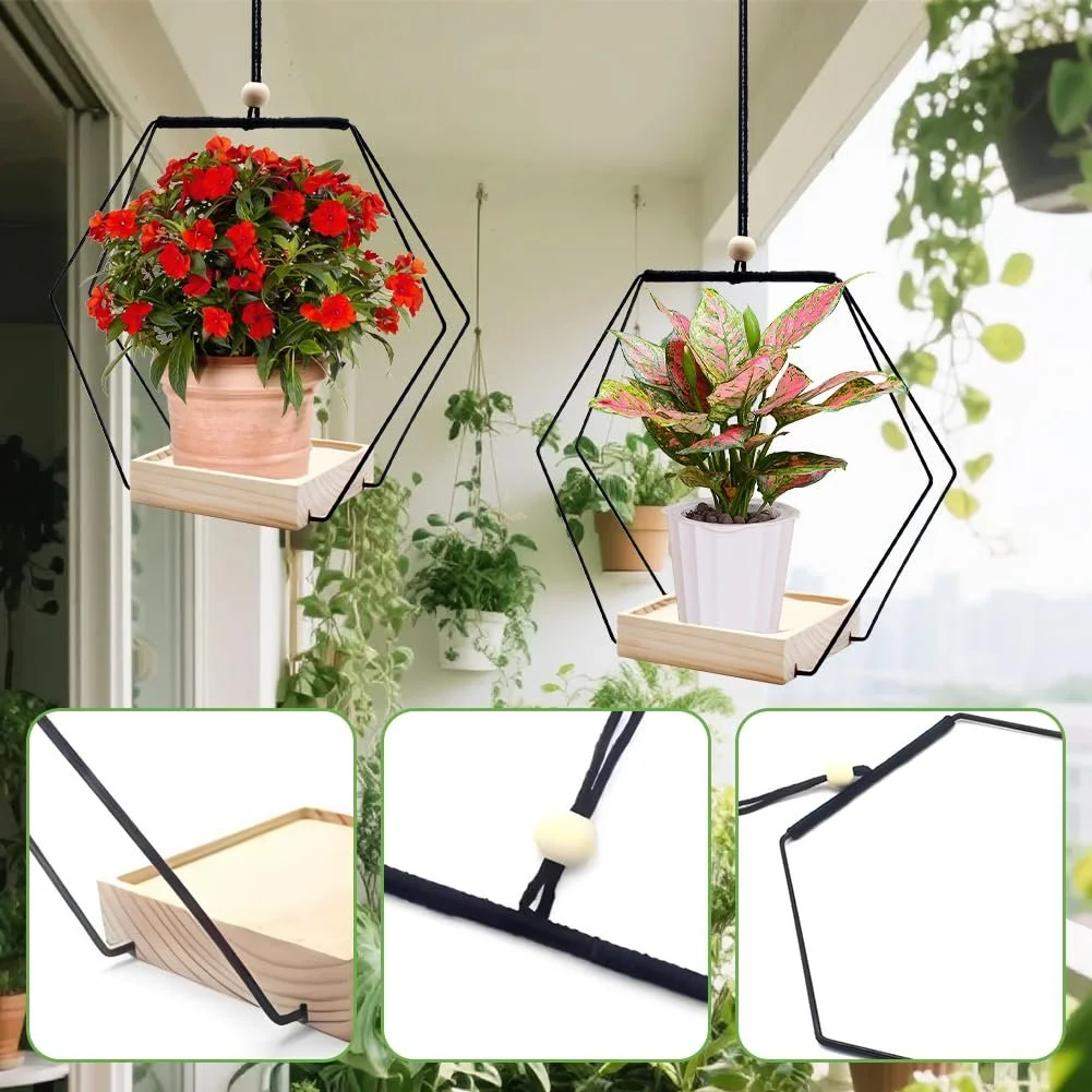 Підвісні кошики Набір з 2 шт. з дерев'яною основою 30 см Чорні, фото №6 Підвісні кошики Набір з 2 шт. з дерев'яною основою 30 см Чорні, фото №6