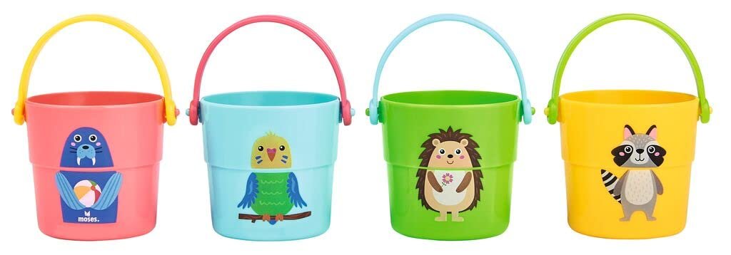 Набір для купання moses. Game Bucket Stacking Set, для ванни, 4 різнокольорові відерця з ручкою та візерунком з отворів, фото №2