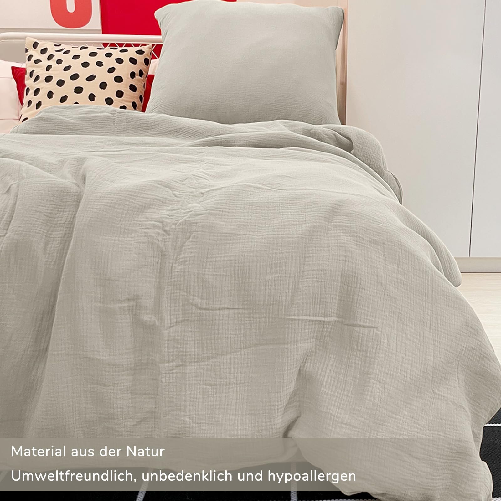 Постільна білизна DerF HOME Muslin, сіра, 135 x 200 см підодіяльник + 80 x 80 см наволочка, 100% бавовна, м'яка та приємна для шкіри для спокійного сну, фото №3