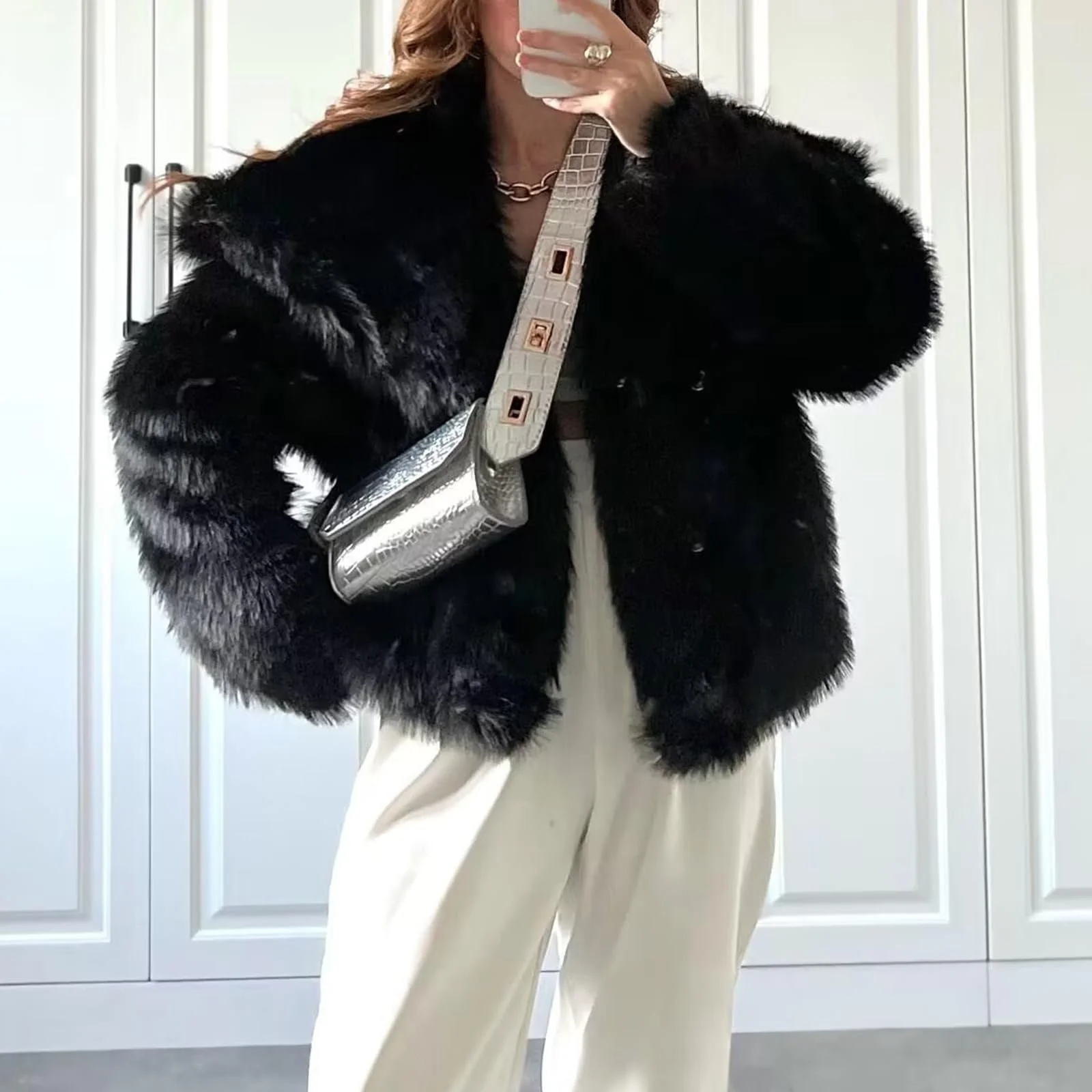 Жіноче пальто зі штучного хутра Acrawnni з довгими рукавами, фото №2