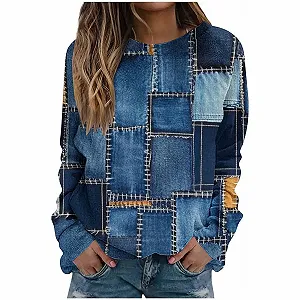 Свитшот Komiseup Oversize Y2K, Пуловер, Круглый вырез, Длинный рукав, Узор в клетку, Флис, 08 - Фото 1