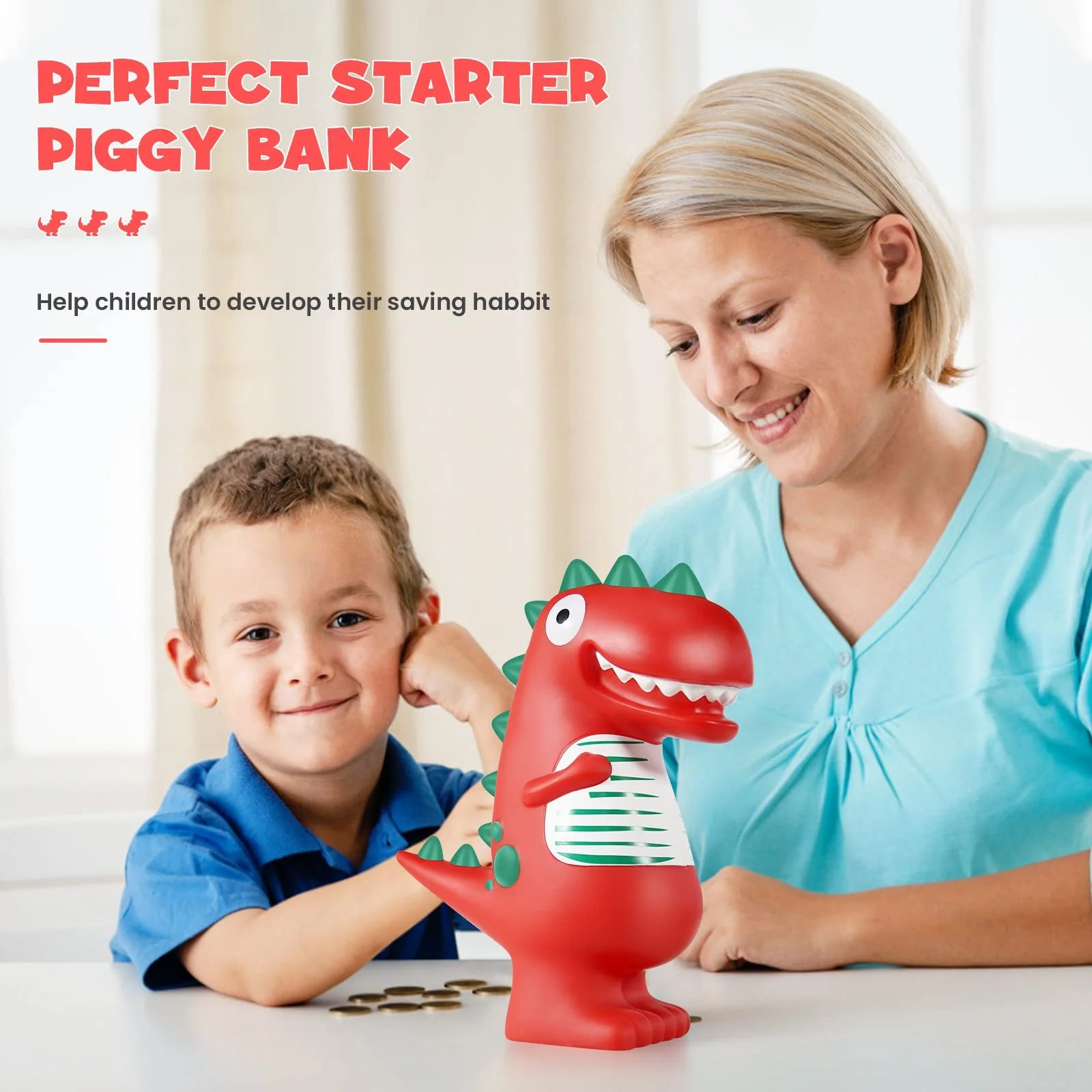 Копилка Динозавр пластиковая красная, фото №2