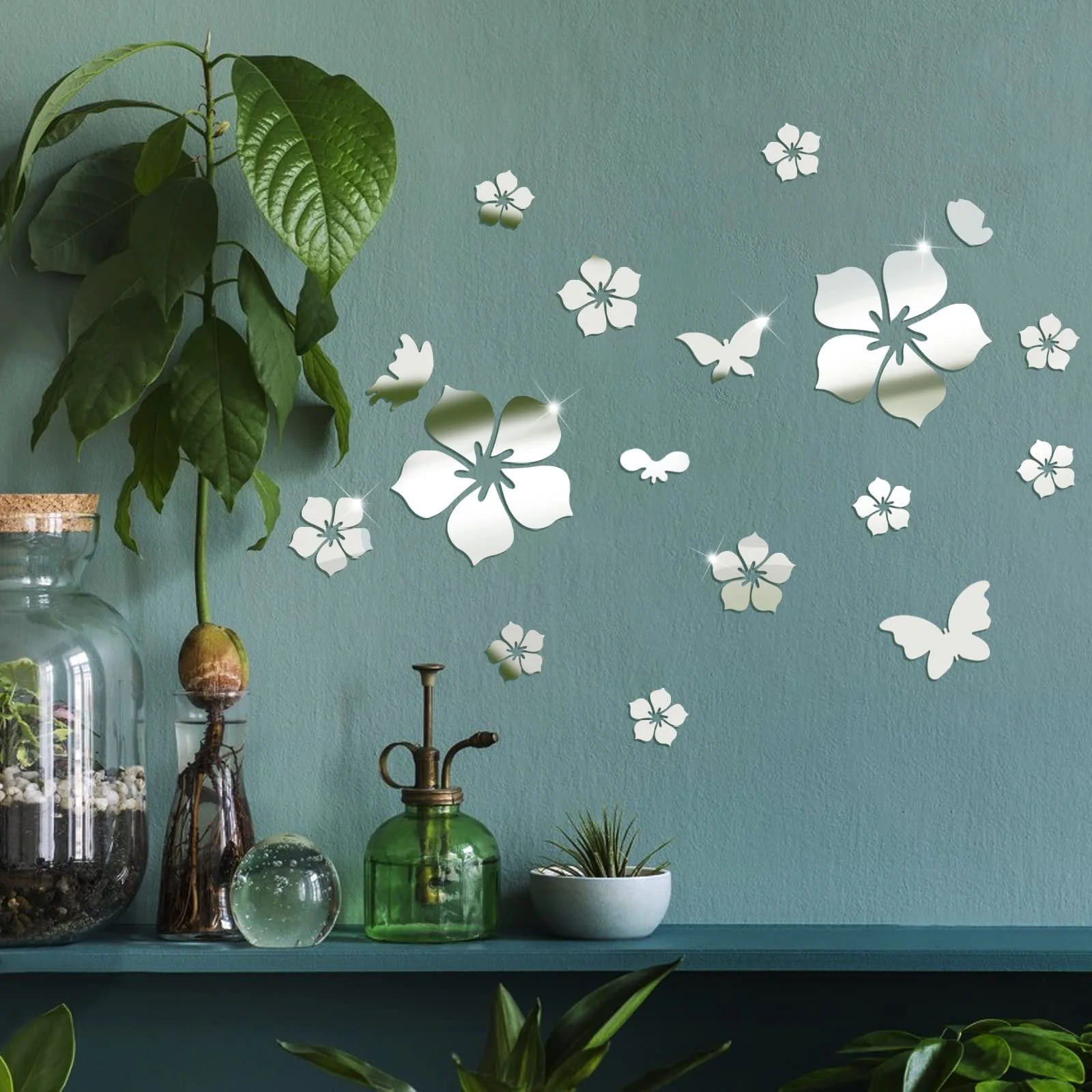 Наклейки на стіну Акрилові квіти та метелики 28 шт. 3D Mirror Silver, фото №5