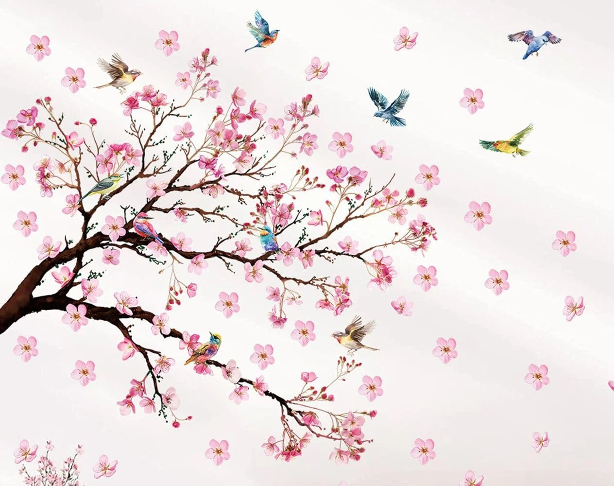 Наклейка на стіну Decalmile Birds on Tree Branch with Flowers 30 x 60 x 2 см Рожевий, фото №1