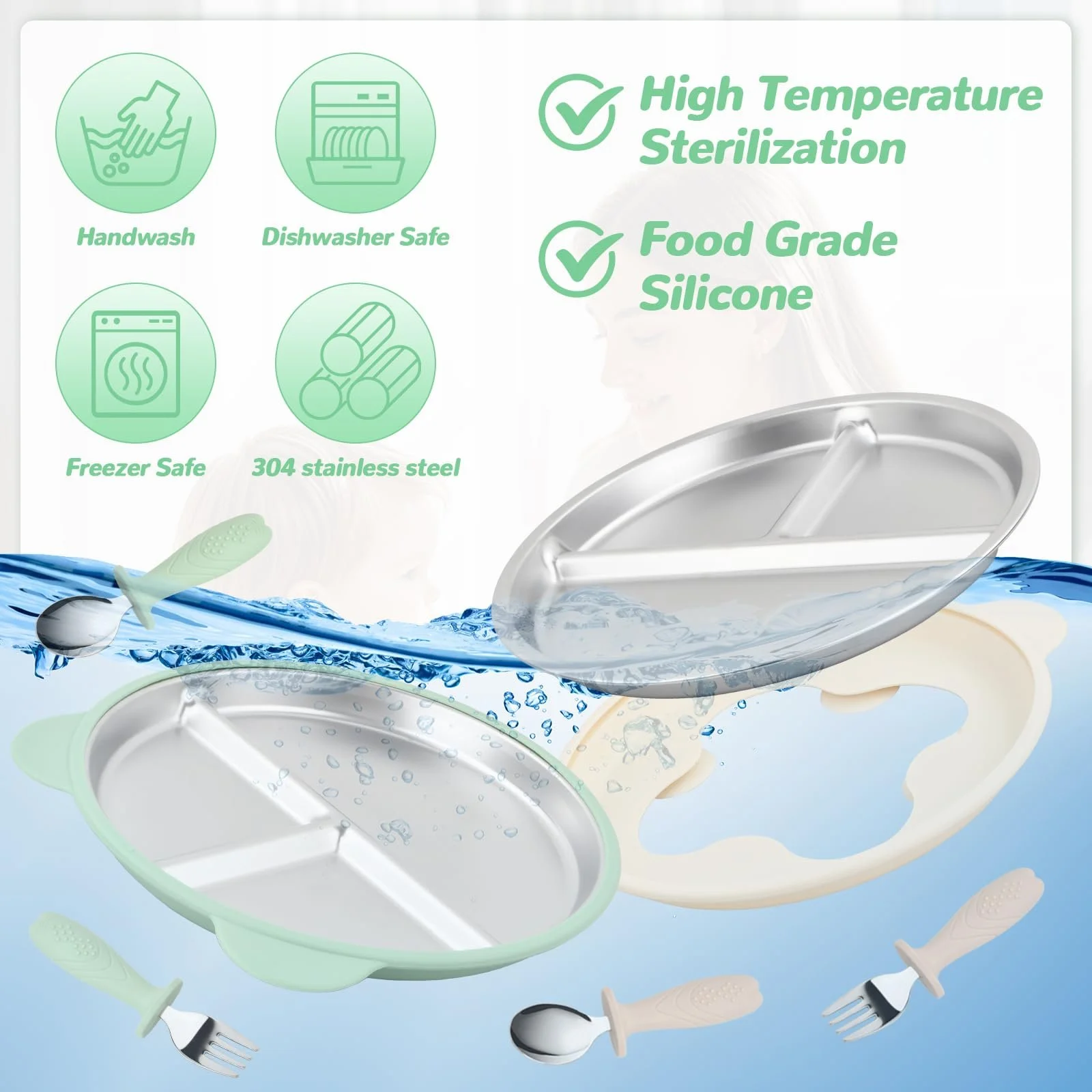 Набір дитячого посуду з нержавіючої сталі (2 шт) з присоскою, тарілки, ложки, виделки зі знімним силіконовим чохлом для дітей, фото №5 Набір дитячого посуду з нержавіючої сталі (2 шт) з присоскою, тарілки, ложки, виделки зі знімним силіконовим чохлом для дітей, фото №5