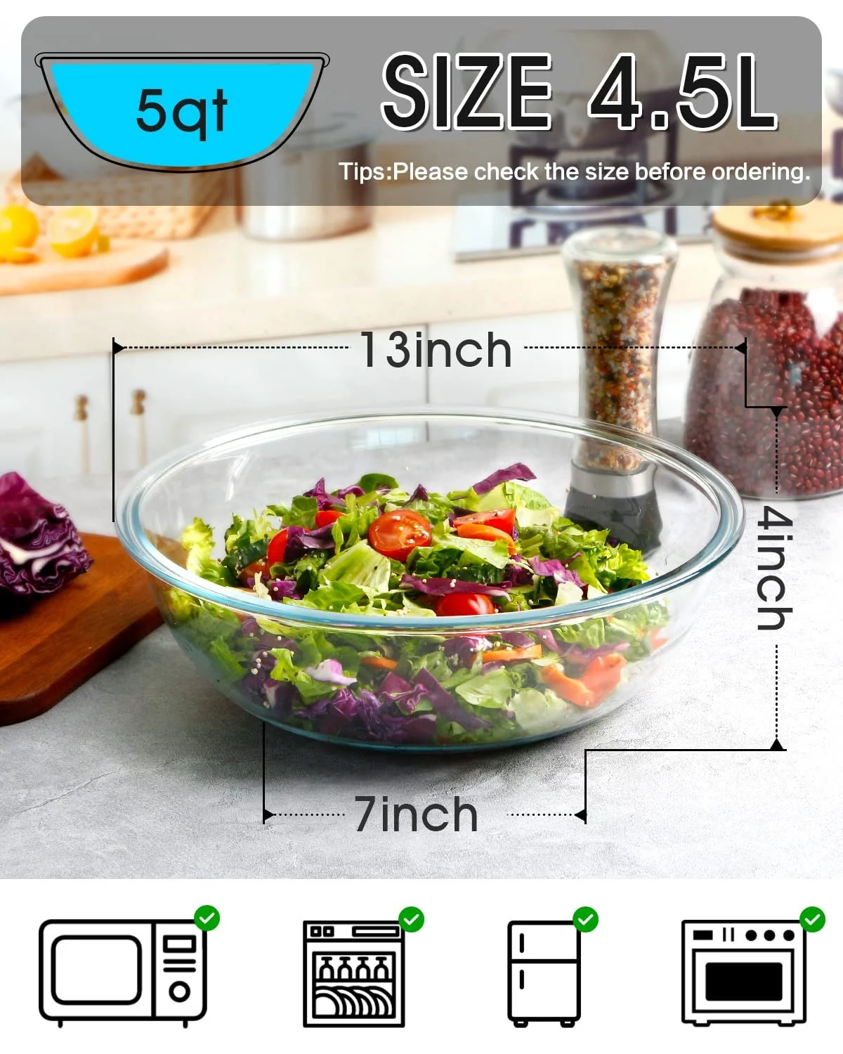 Миска для салату NUTRIUPS 4,5 л скло 33 см, фото №2