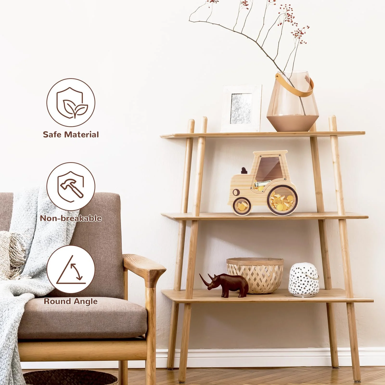 Скарбничка дерев'яна дитяча Трактор з маркером та наклейками, фото №5