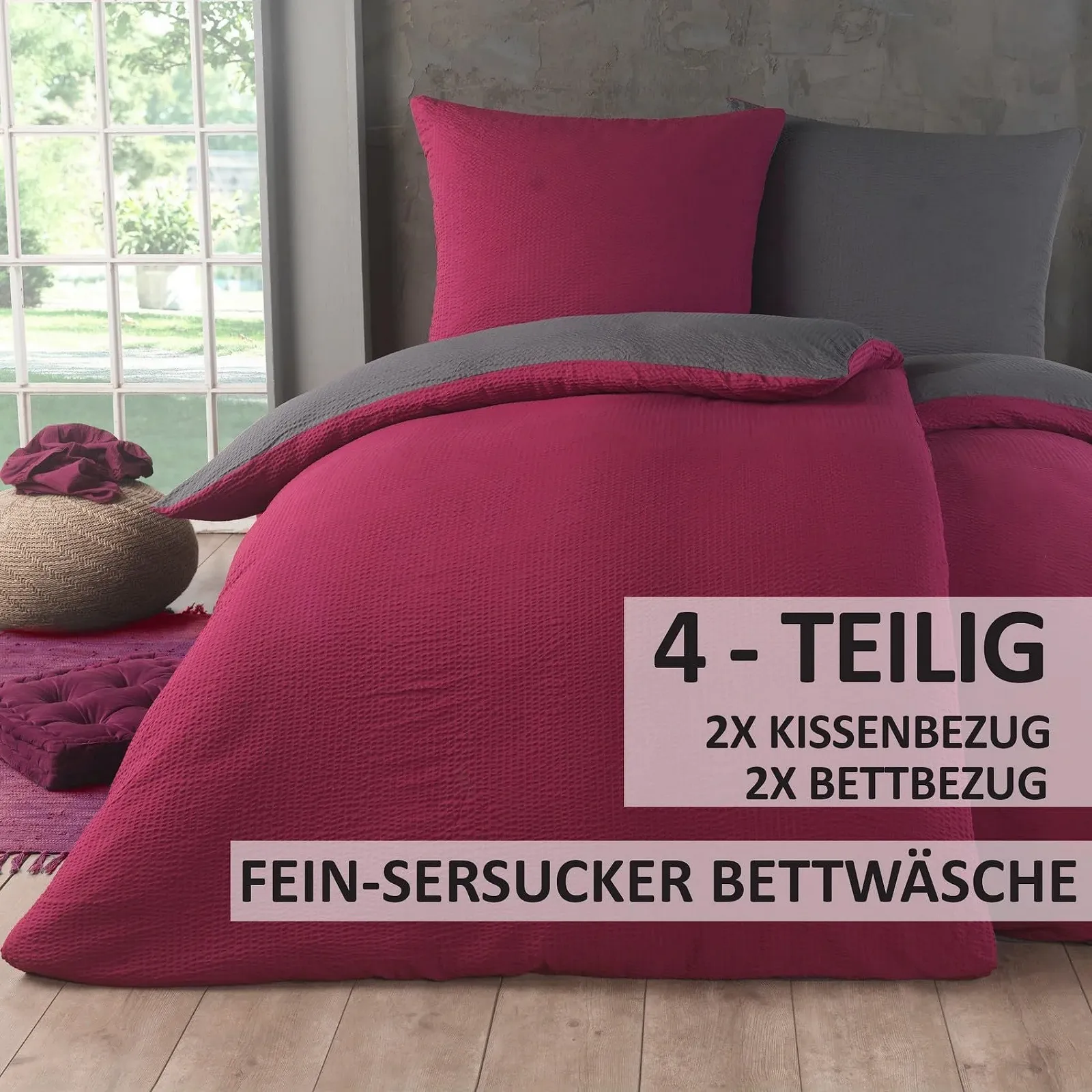 Комплект постільної білизни Kuscheli Dreamhome Fine Seersucker 4 предмети 2 x 135 x 200 см + 2 x 80 x 80 см Вишнево-червоний / Сірий, фото №2