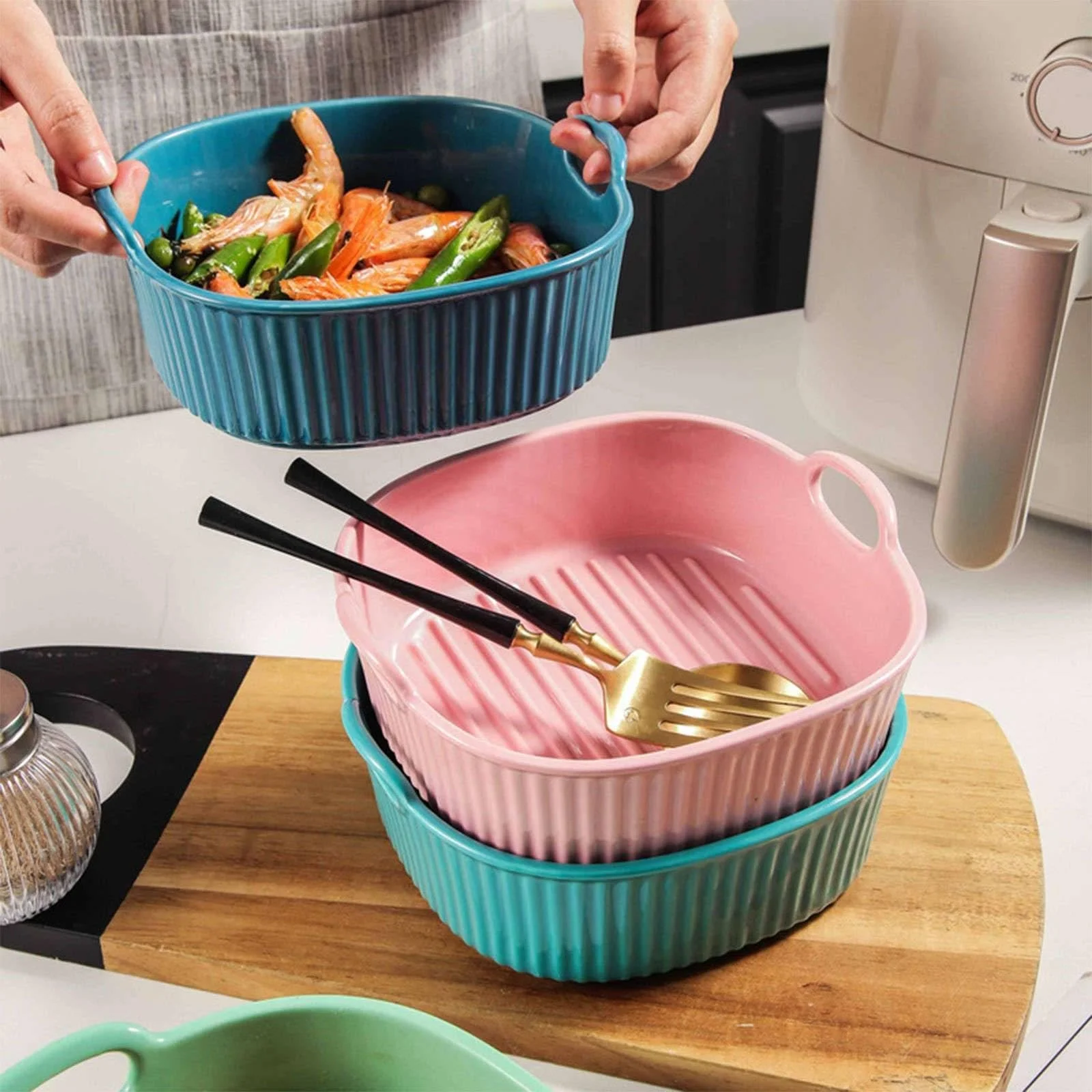 Форма для лазаньї прямокутна керамічна 850 мл 20 x 19 x 6 см зелена з ручкою, фото №6