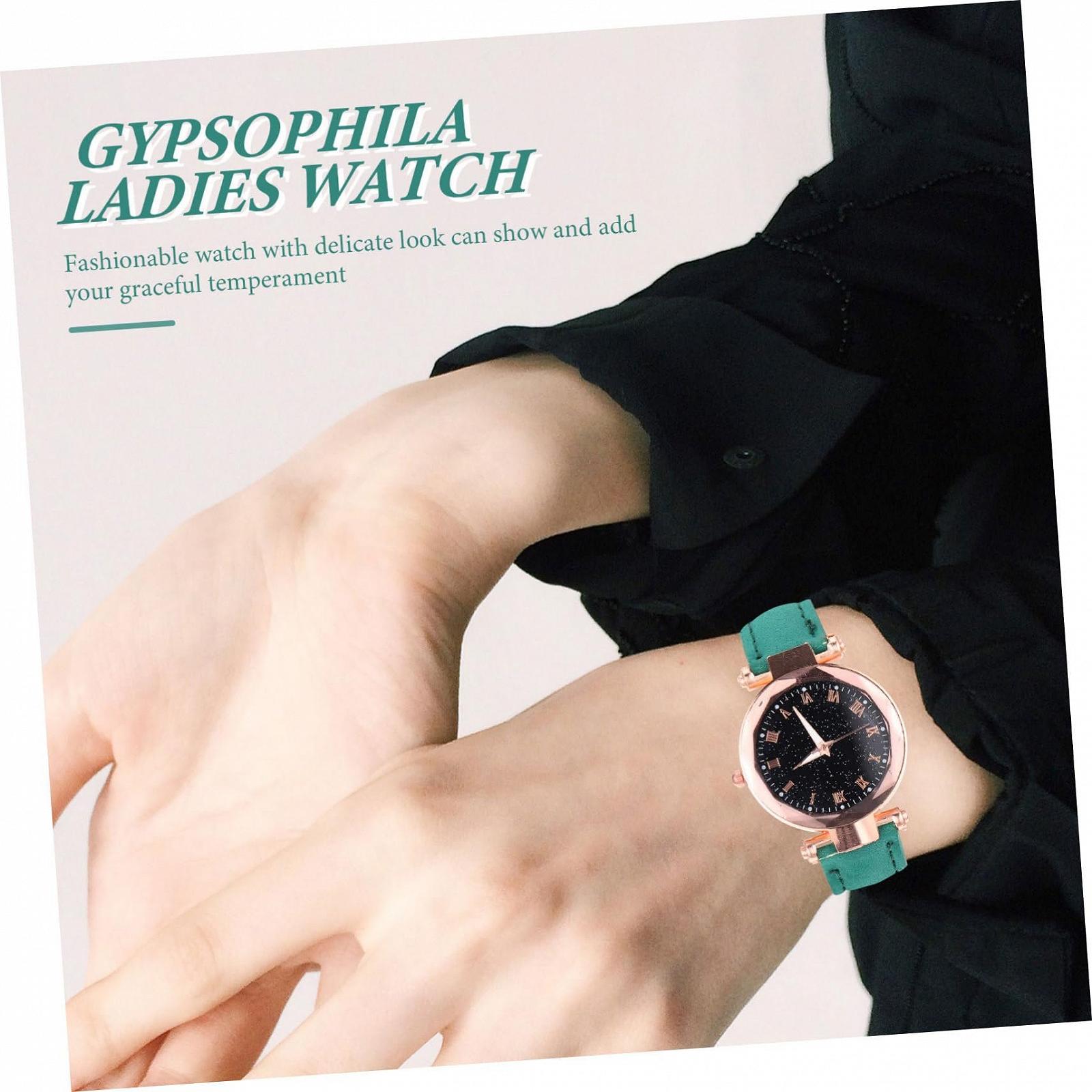 Женские часы PartyKindom с зелеными римскими цифрами, регулируемый кожаный ремешок, фото №5