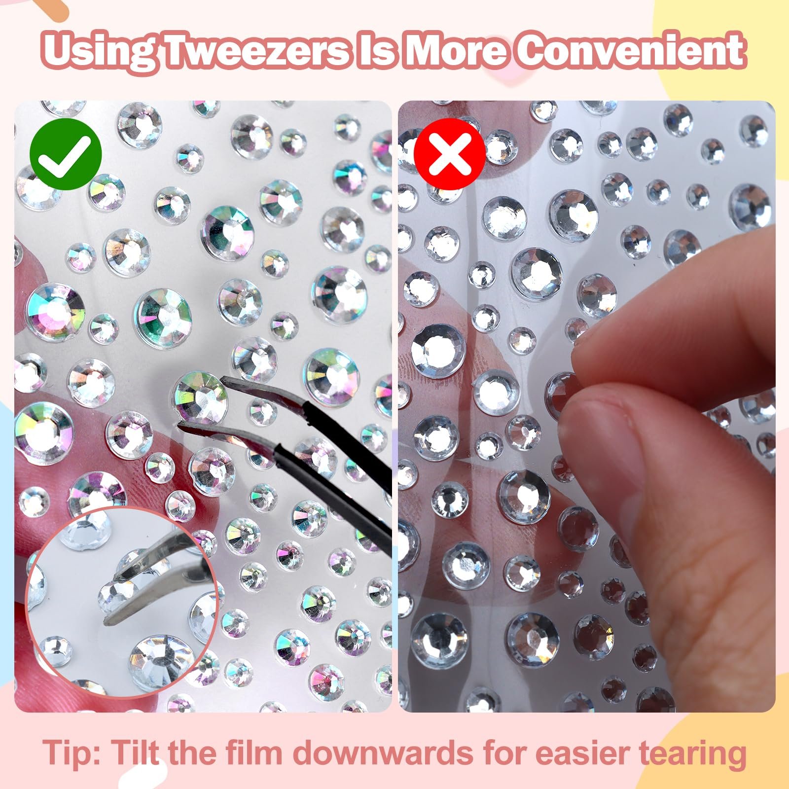 Самоклеящиеся блестящие камни 2600 штук, блестящие камни для лица 3-4-5-6 мм, полубусины со стразами с пинцетом для рукоделия, для макияжа лица, фото №6