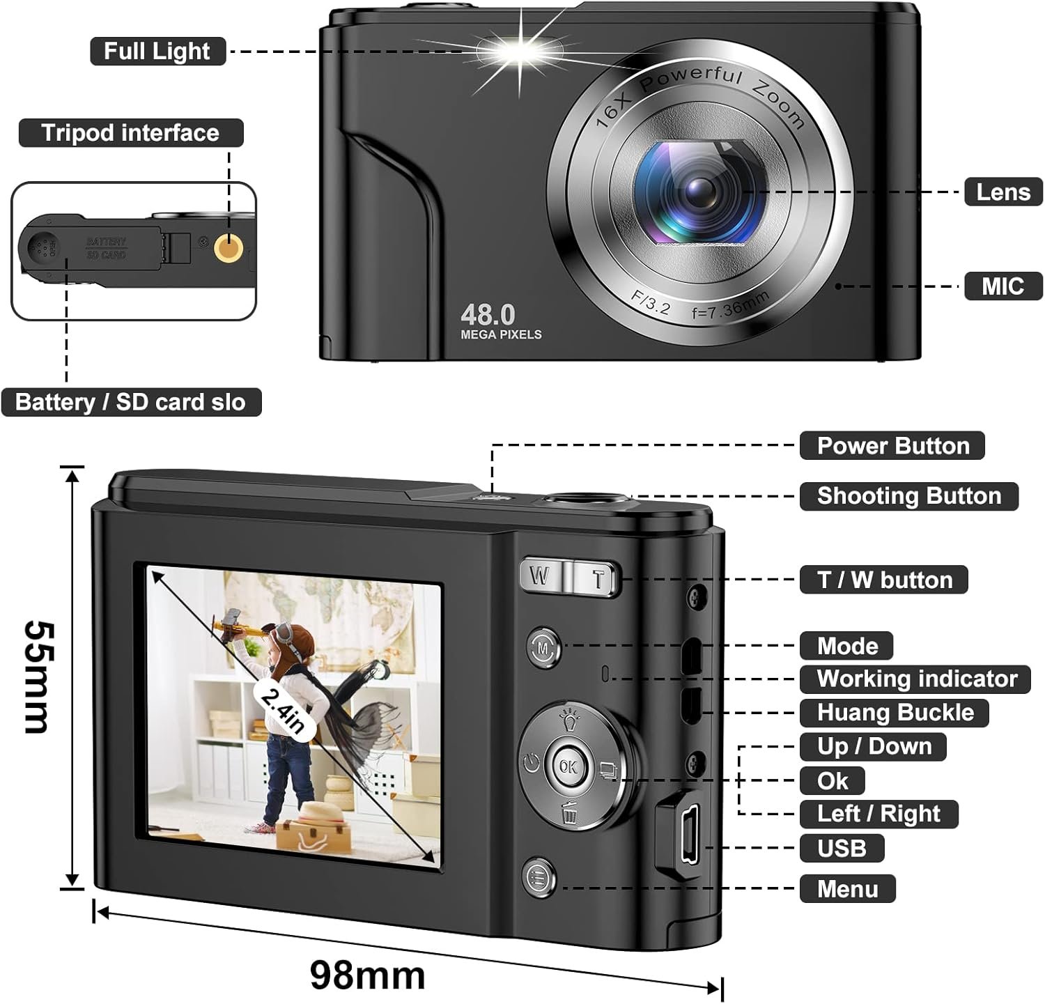 Фотоапарат KOASDVS Compact Autofocus 48Мп / CMOS / FHD 1080P 30fps / 16Х цифровий зум / Bluetooth / Чорний (B0B31N3VV2), фото №4