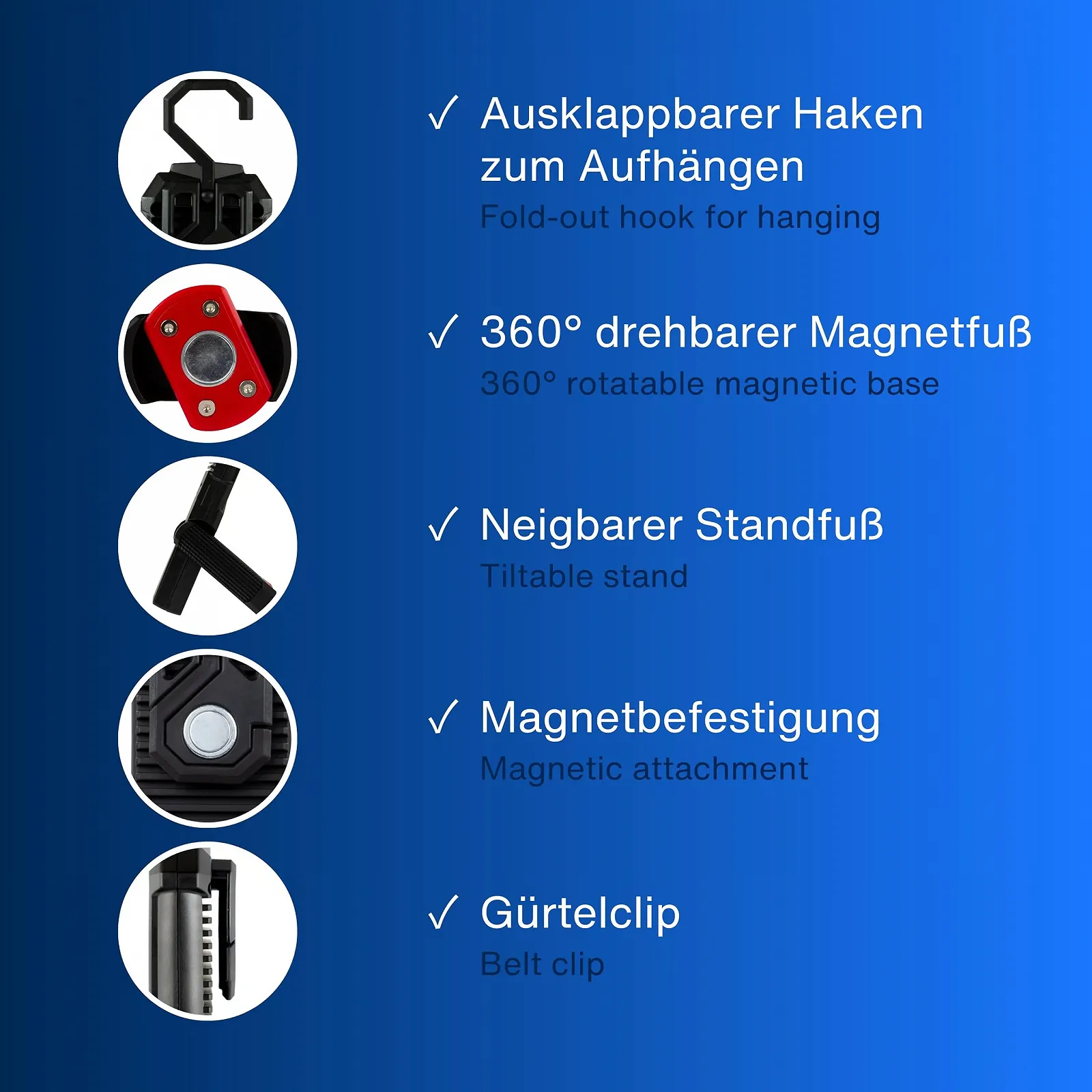 Ліхтар REV Світлодіодний робочий ліхтар - Компактна акумуляторна ручна лампа з магнітною основою 3600 та підвісним гачком, ідеально підходить для майстерні та автомобіля, чорний/червоний, фото №3