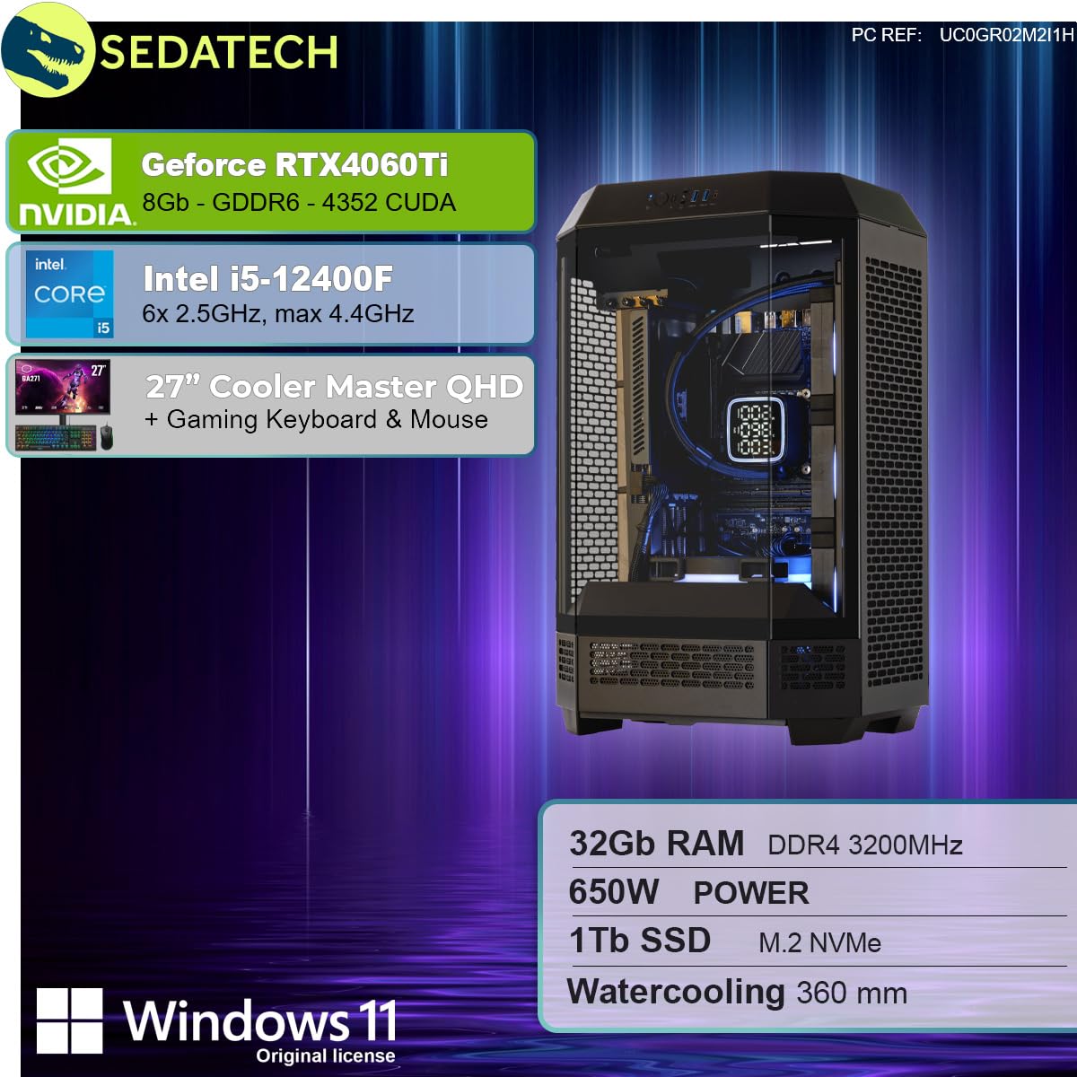 Package Sedatech Pro Gaming PC Водяне Охолодження Intel i5-12400F RTX4060Ti 32 GB RAM 1TB SSD M.2 Windows 11 Монітор 27 Дюймів, фото №2