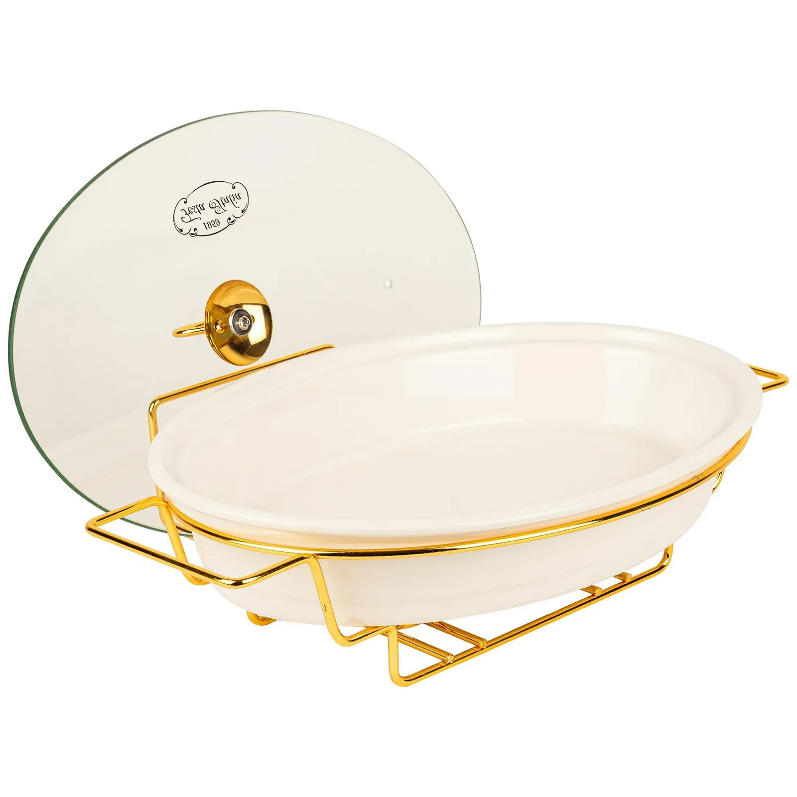 Форма для запекания 2.1 L керамическая овальная с крышкой и подставкой для подогрева белая, фото №6