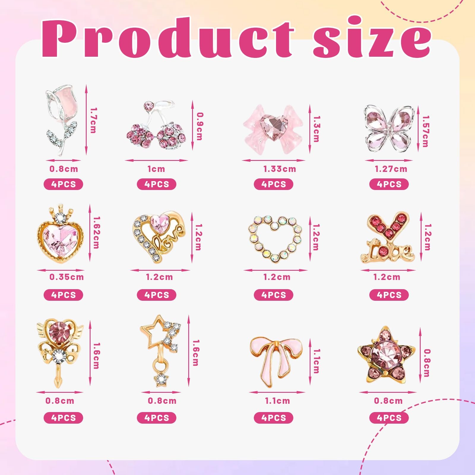 Набір прикрас для нігтів VelvetGlow Прикраса для нігтів Серце, Зірка, Тюльпани, Вишня, 3D Алюміній Y2K, Самоцвіти, Стрази, Блискучі, фото №2