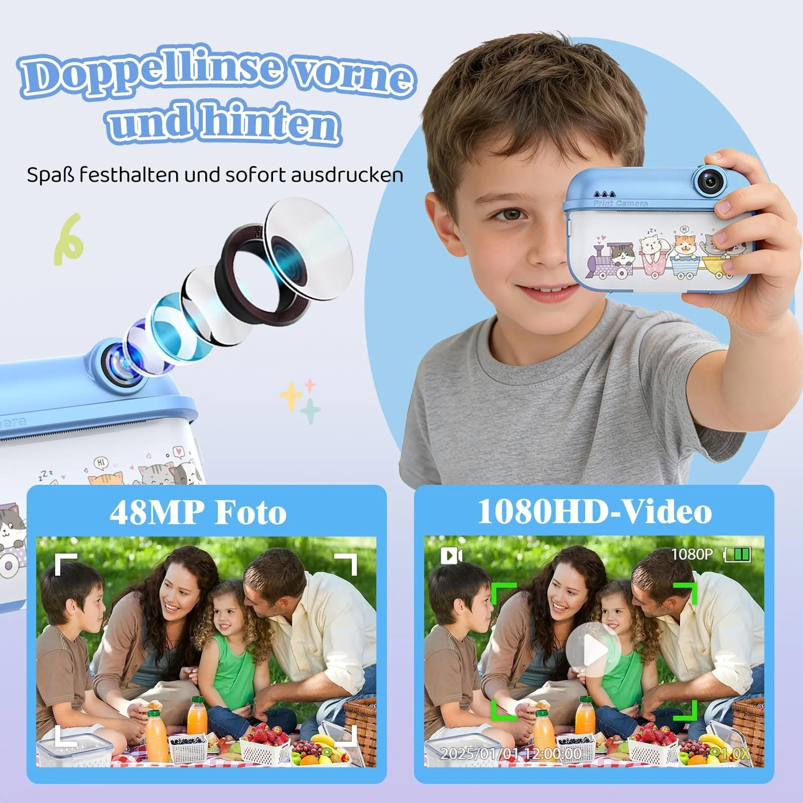 Детская камера мгновенной печати 48 МП Dual Camera 1080P 2,4" IPS 8x Zoom 32 ГБ TF бумага для печати Blue, фото №3