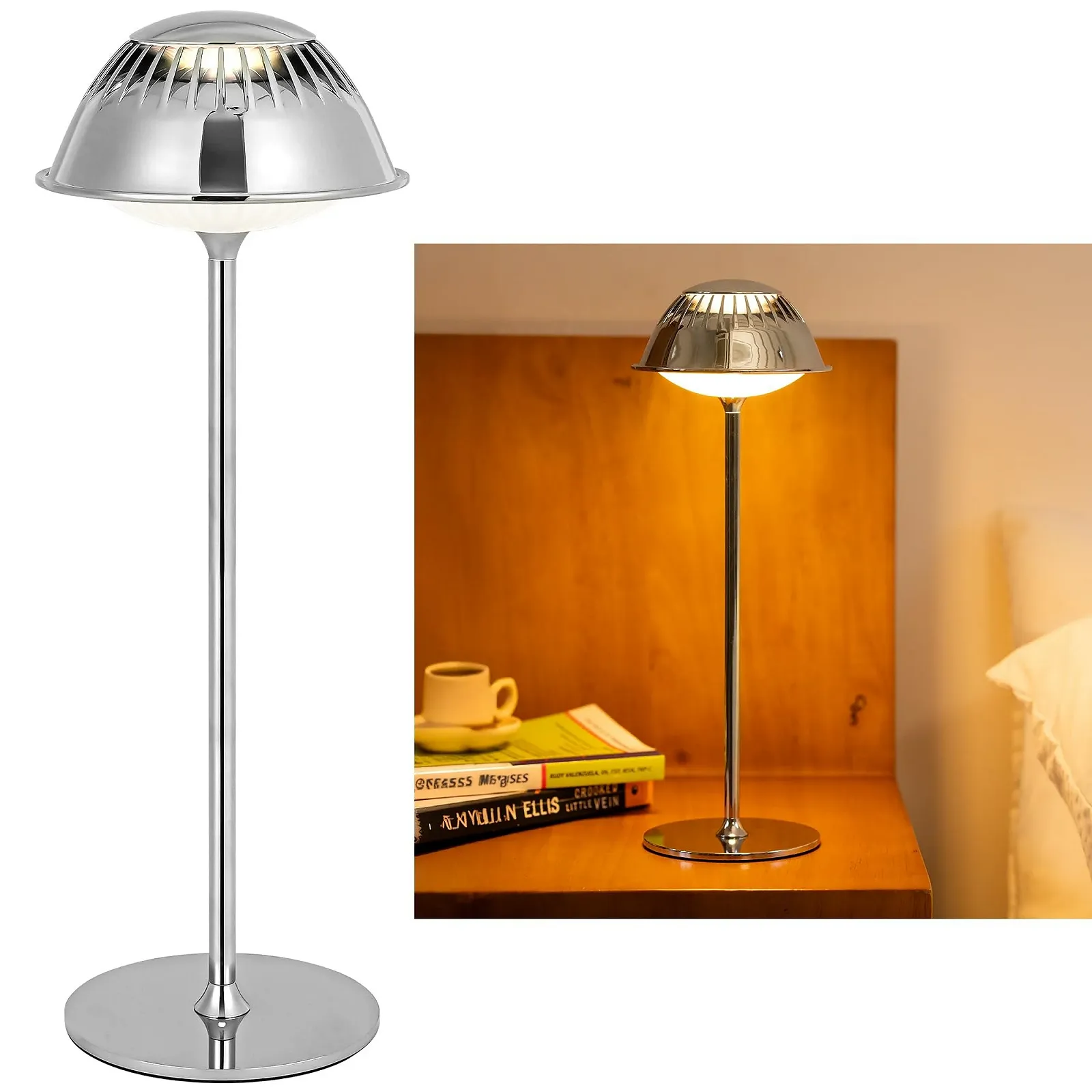 Настільна лампа LED бездротова сенсорна регульована яскравість водонепроникна акумуляторна Сріблястий хром, фото №1