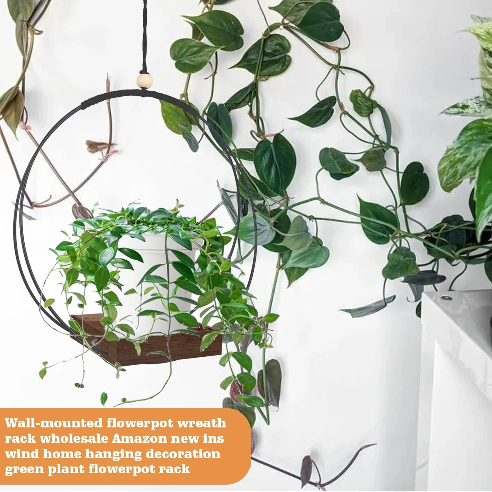 Набір підвісних кошиків макраме з дерев'яною основою, 2 шт., 93 см, Чорний/Коричневий, фото №7