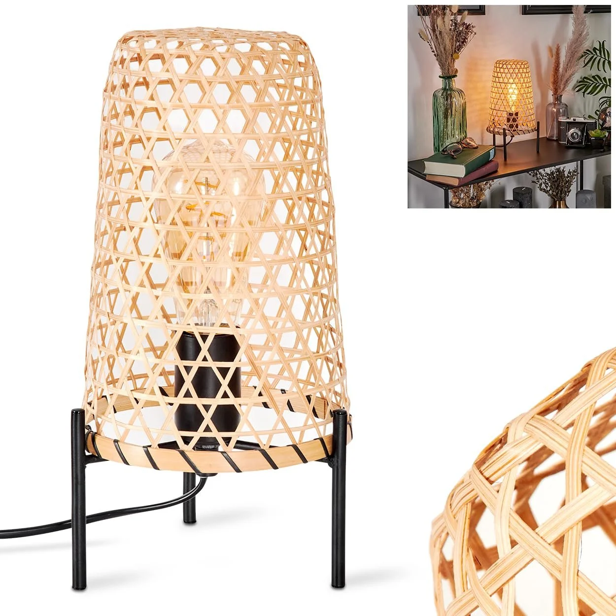 Настільна лампа Bauro Modern Boho Metal/Rattan 1 x E27 Чорний/Натуральний, фото №1