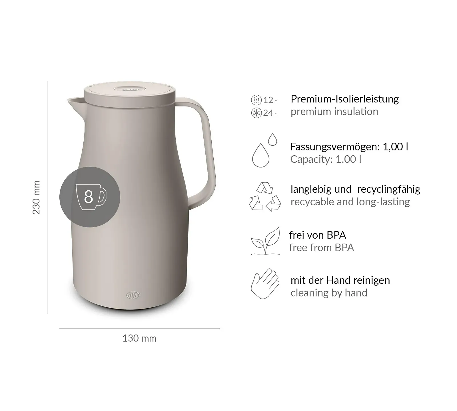 Термос-кавник alfi ECONSCIOUS 1.0 л, бежевий, з гігієнічною вставкою із загартованого скла з органічного пластику, фото №7