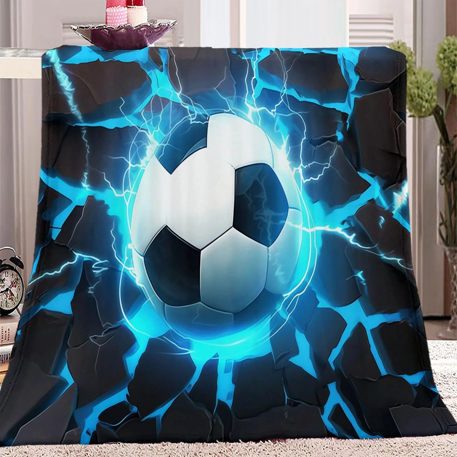 М'яка Покривало Однотонний 3D Футбольний м'яч Високоякісний фланель, Синій Чорний, 180 x 220 см, фото №1