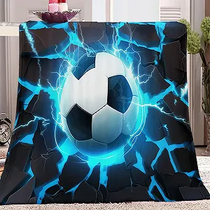 М'яка Покривало Однотонний 3D Футбольний м'яч Високоякісний фланель, Синій Чорний, 180 x 220 см - Фото 1