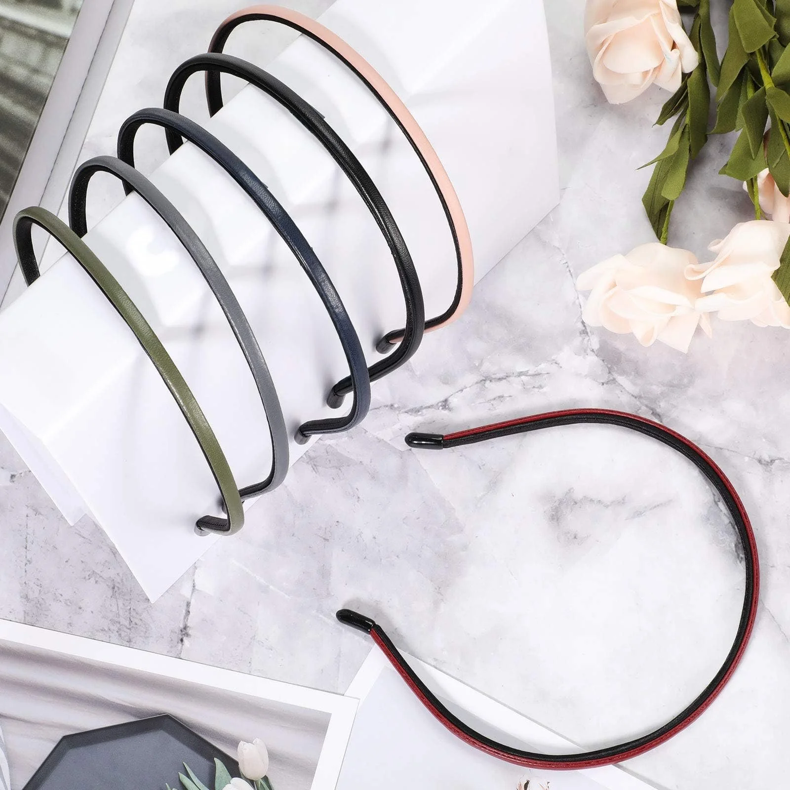 Набір пластикових тонких обручів для волосся, покритих шкірою, 6 кольорів, фото №2