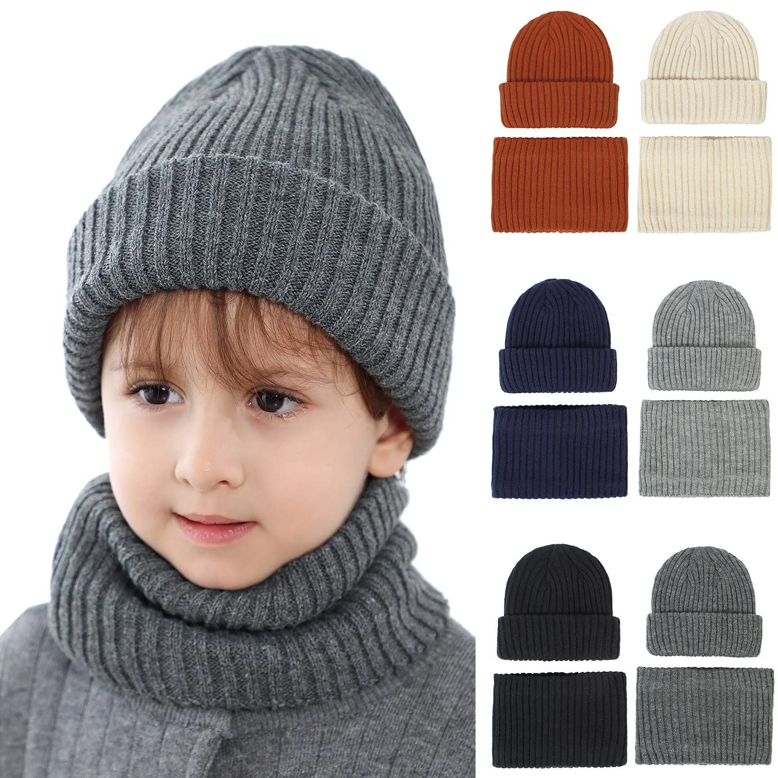 Зимняя шапка детская флисовая подкладка, шапка-шарф, унисекс, теплая вязаная шапка-шарф, милый набор весна-зима-осень, детская шапка, удобная для 0-6 месяцев, фото №1