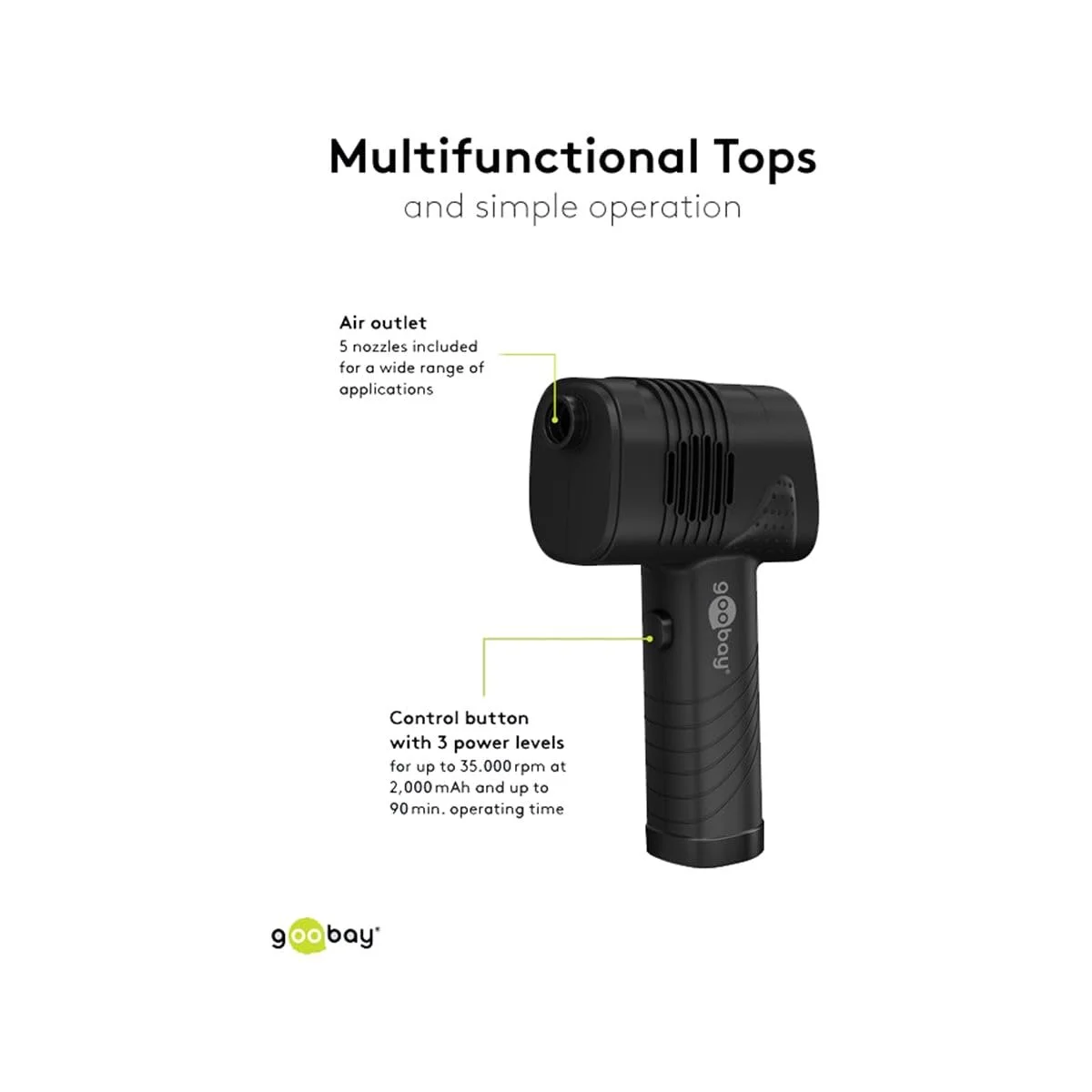 Електрична повітродувка goobay 3 рівні 2000 mAh 35,000 rpm Перезарядна LED-дисплей, фото №8