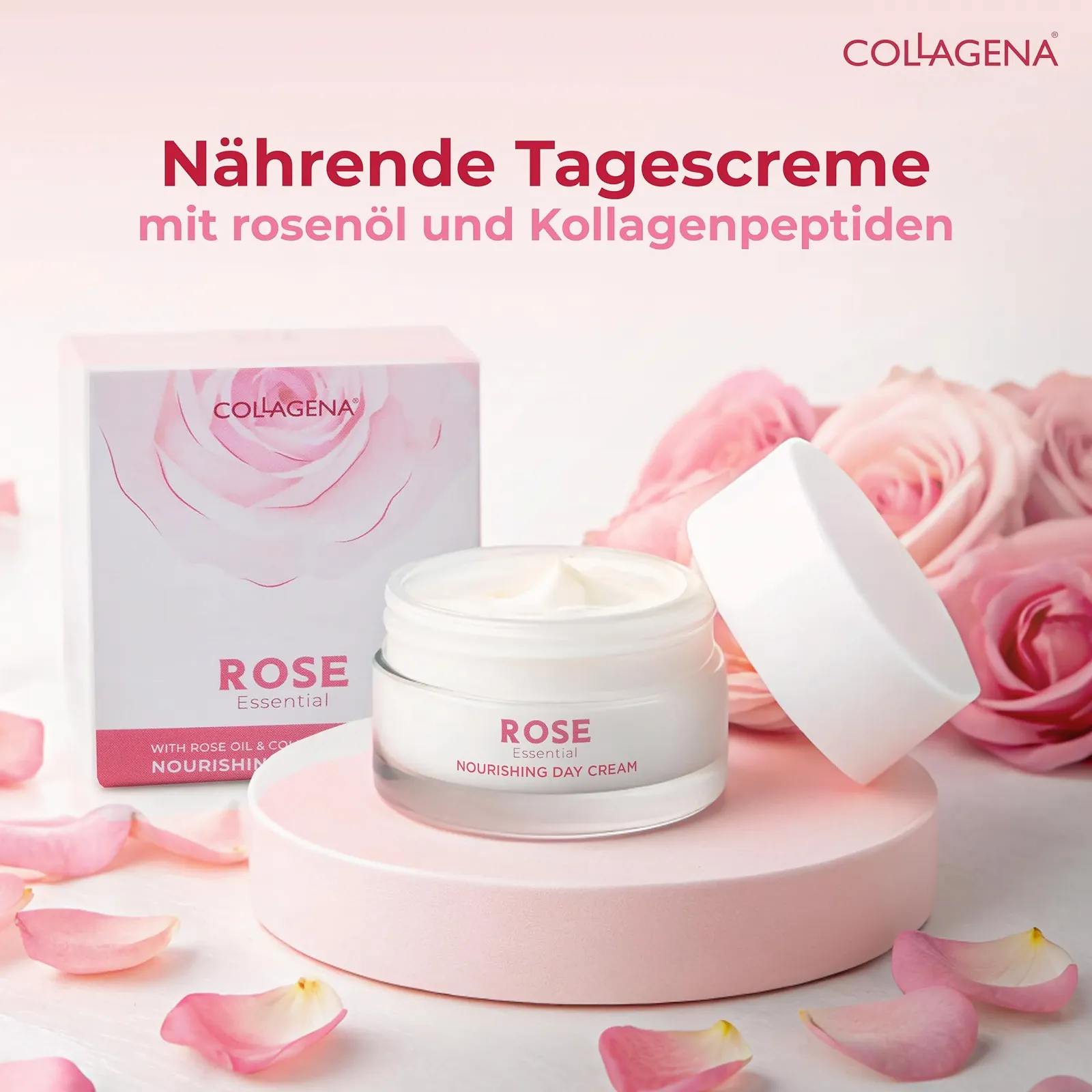 Денний крем для обличчя COLLAGENA Rose Essential Day Cream з трояндовою олією та пептидами колагену зволожуючий 50 мл, фото №2 Денний крем для обличчя COLLAGENA Rose Essential Day Cream з трояндовою олією та пептидами колагену зволожуючий 50 мл, фото №2