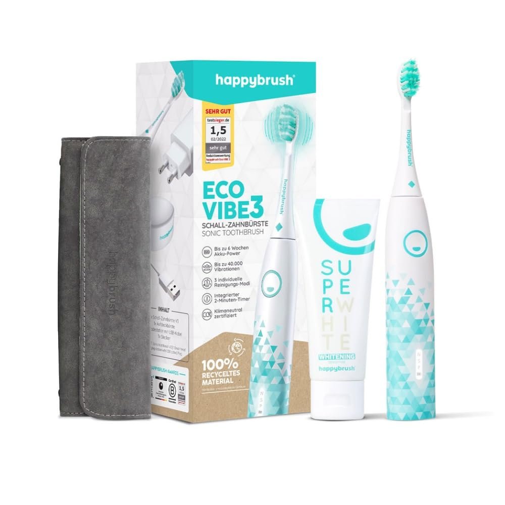 Електрична звукова зубна щітка happybrush Eco VIBE 3 40000 вібрацій/хв Білий/М'ятний, фото №1