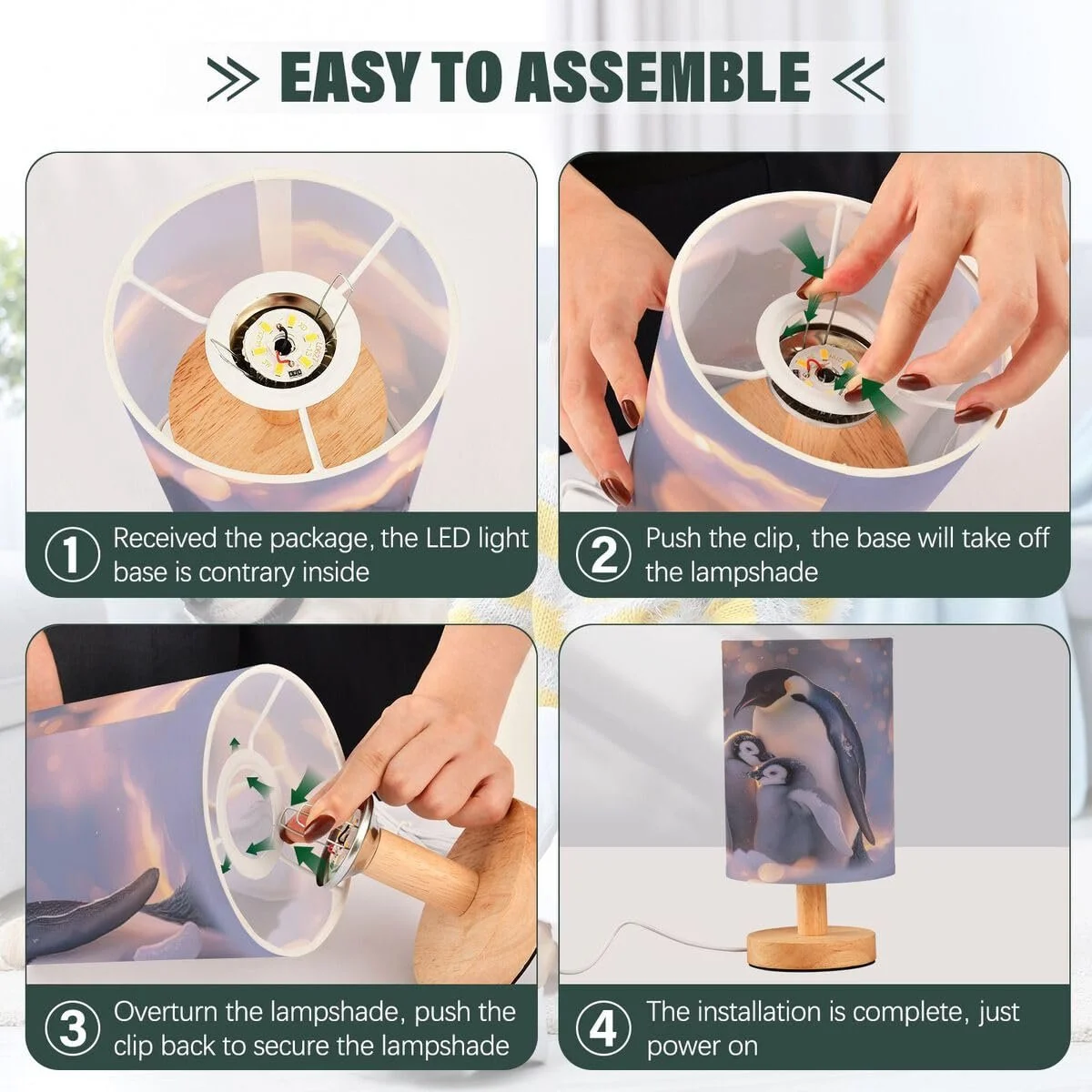 Настільна лампа Cute Penguins Eye Care з лляним абажуром USB, фото №4