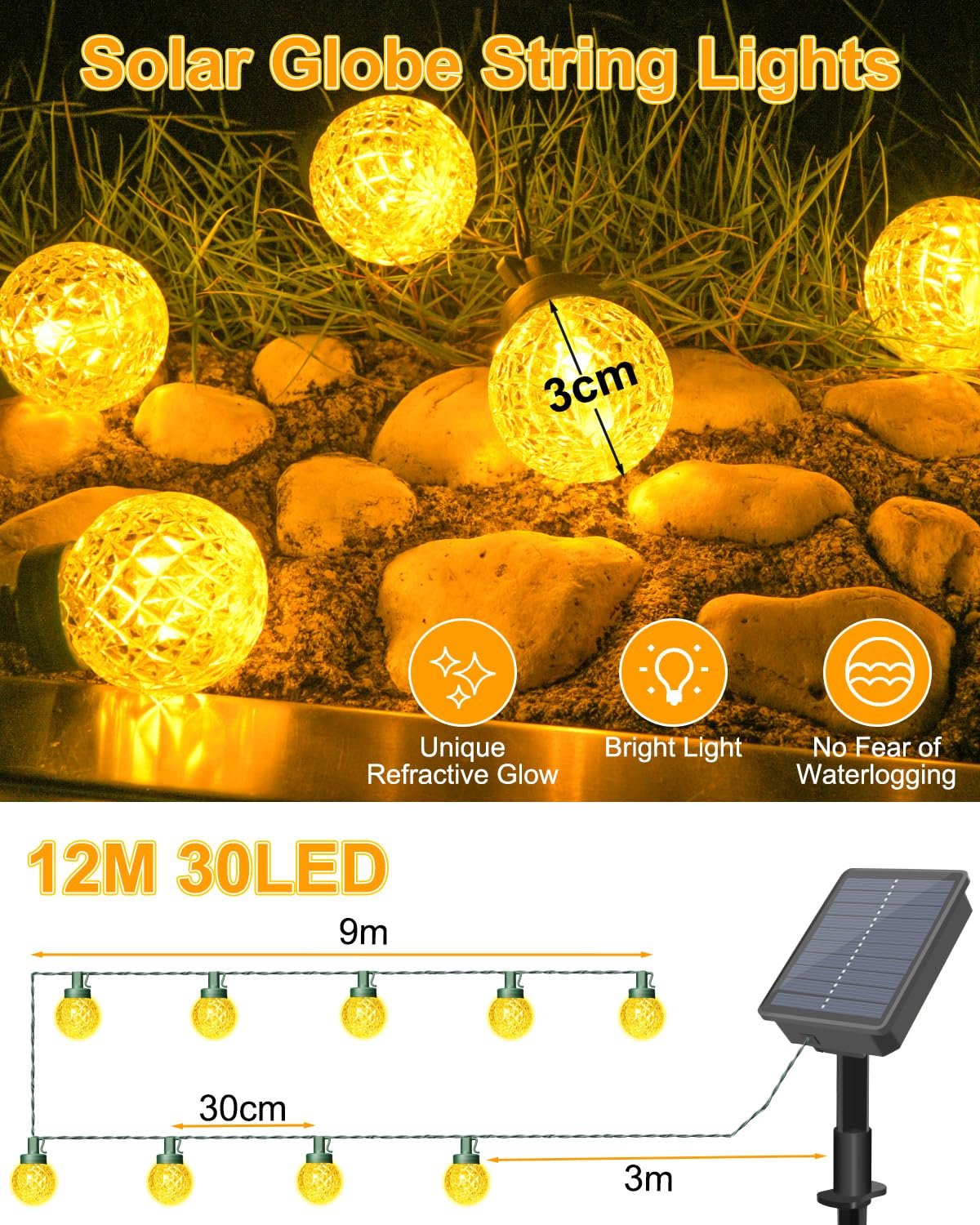 Гірлянда Dalugo, сонячна, 30 LED, 12 м, теплий білий, фото №2