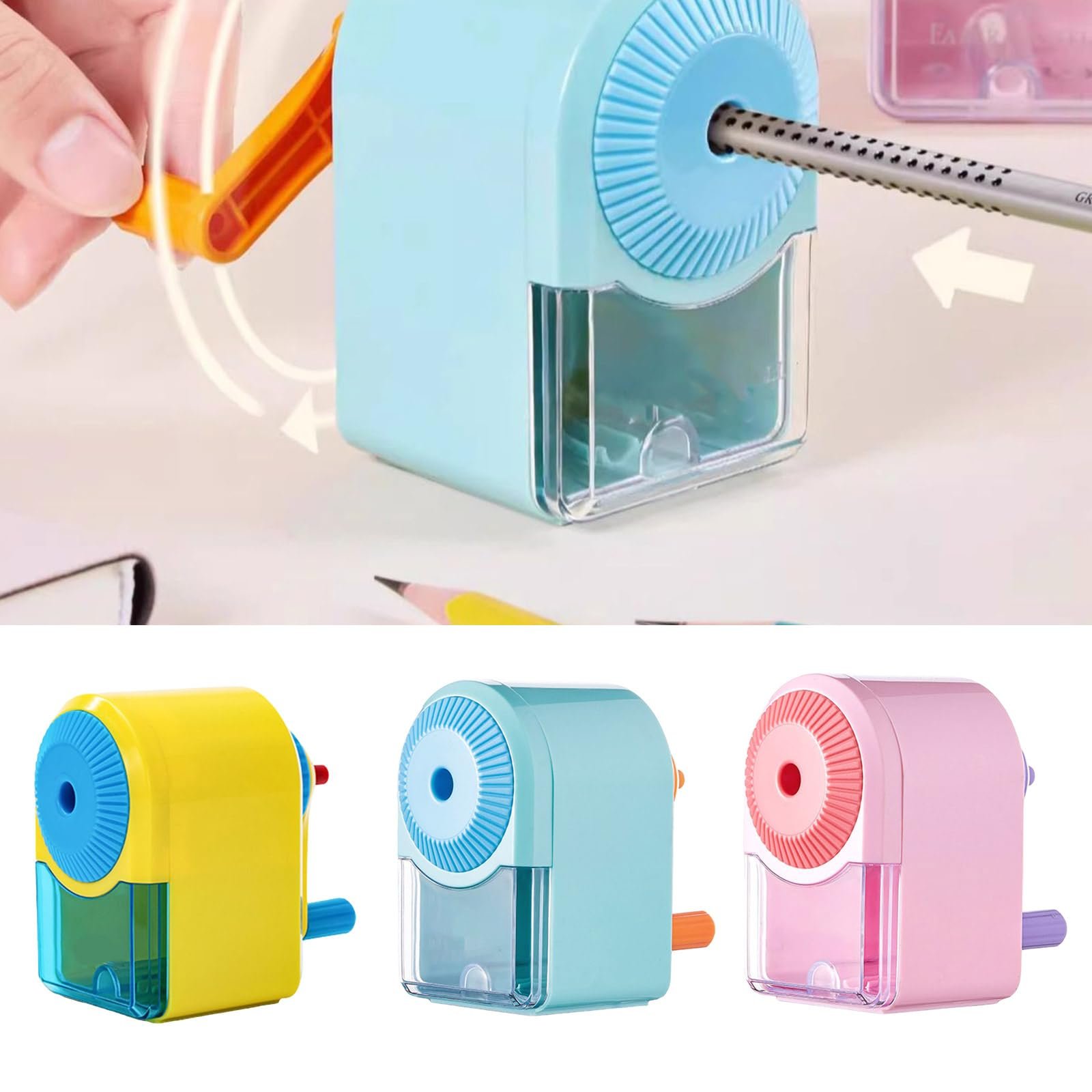 Точилка для карандашей ручная с рукояткой портативная для круглых, треугольных и шестигранных карандашей, фото №2