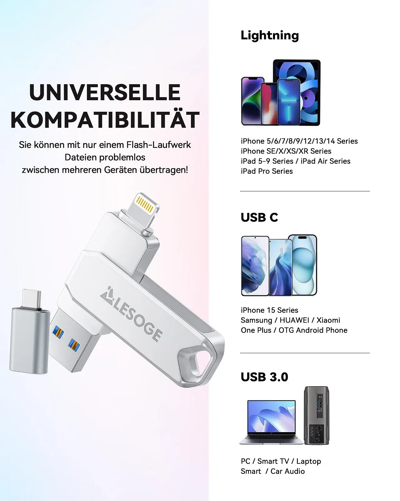 USB-накопичувач LESOGE 256 ГБ 3 в 1 USB 3.0 USB-C MFi Certified, фото №5 USB-накопичувач LESOGE 256 ГБ 3 в 1 USB 3.0 USB-C MFi Certified, фото №5